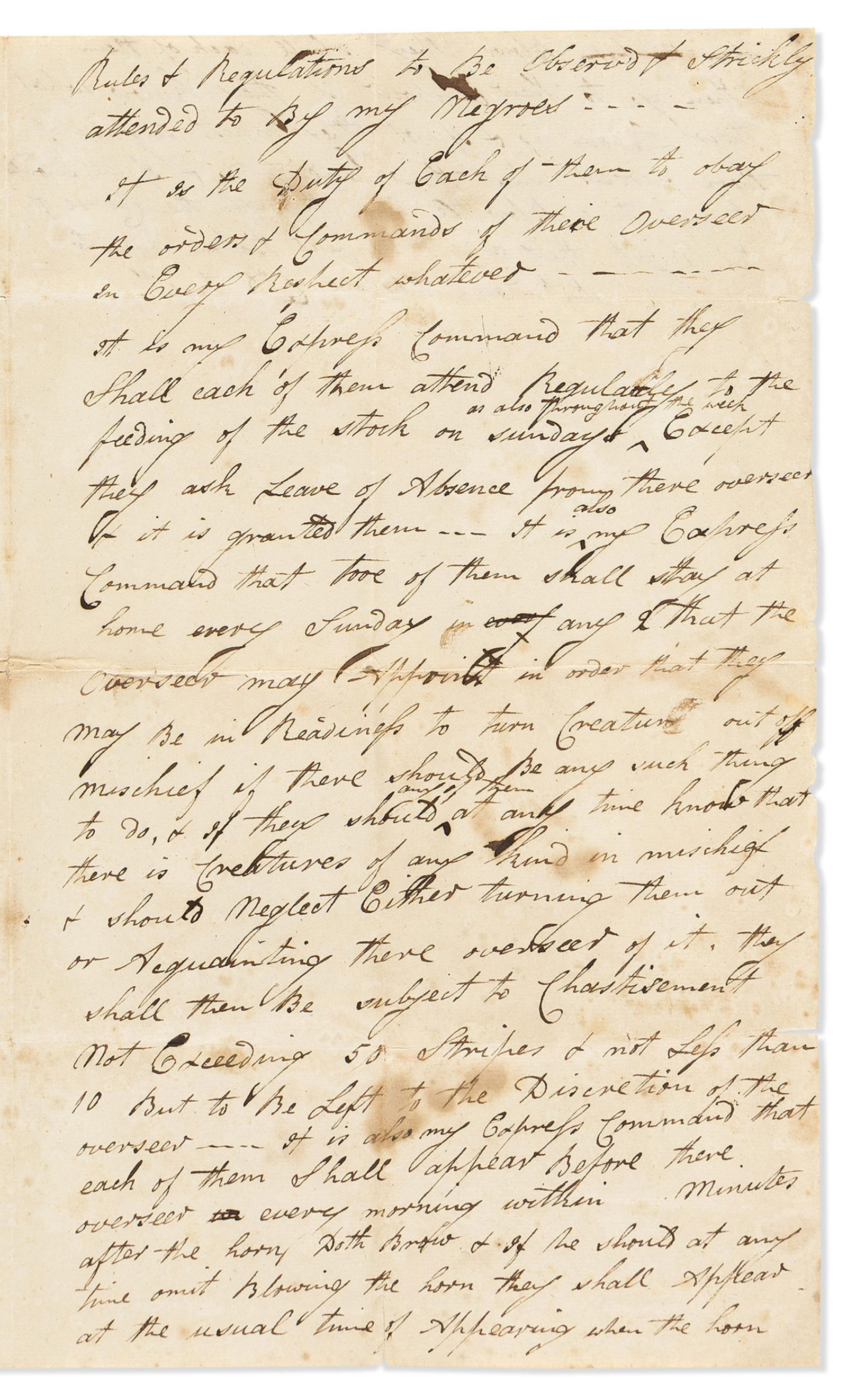 (SLAVERY.) Rules and Regulations to be Observ'd & Strickly Attended to by my Negroes, circa early (1 of 2)