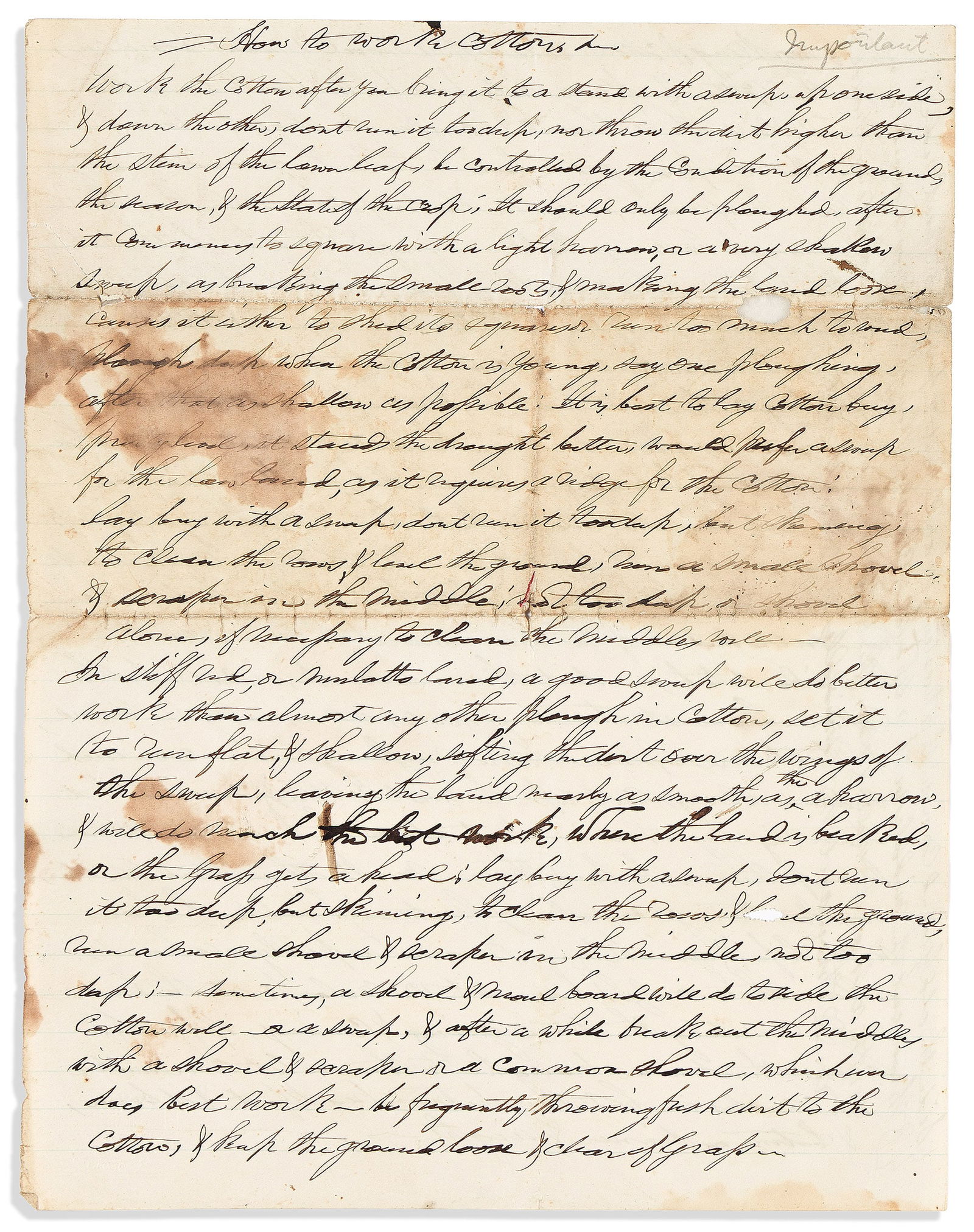 (SLAVERY.) How to Work Cotton manuscript. No place, circa 1850s (1 of 1)