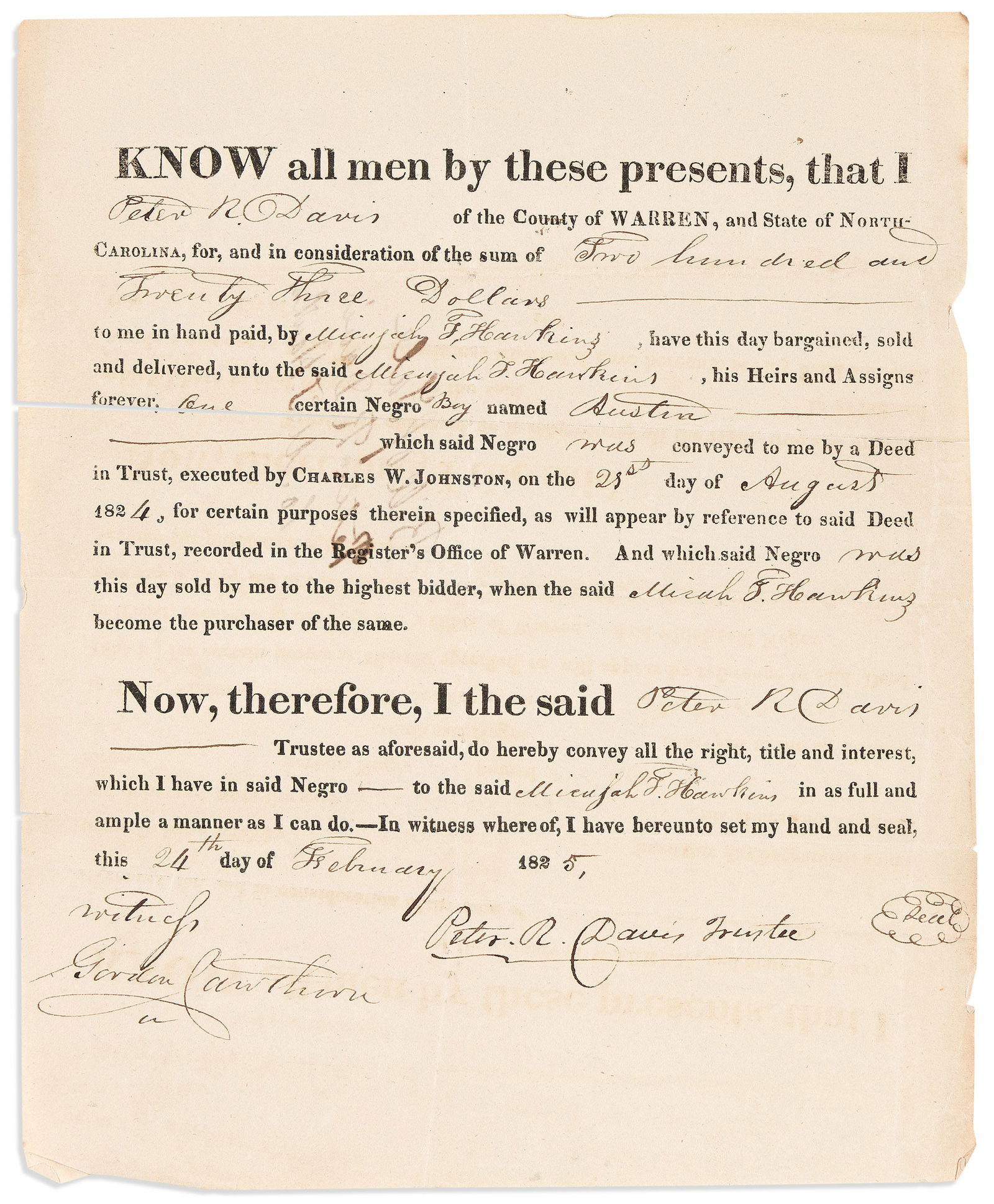 (SLAVERY.) Slave auction deed for "a certain Negro boy named Austin." Warren County, North Carolina, (1 of 1)