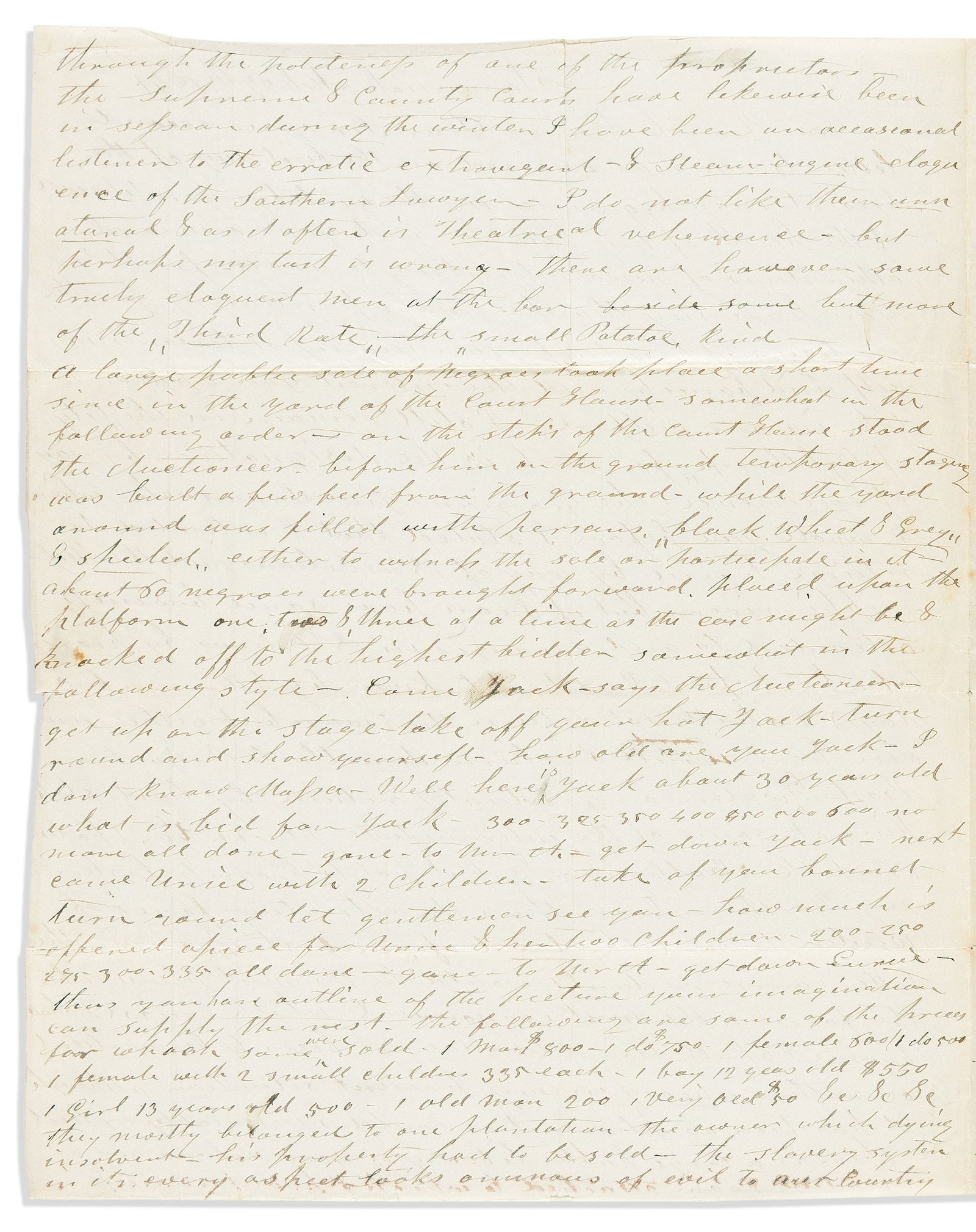 (SLAVERY.) Letter describing a Georgia slave auction in detail. Savannah, GA, 1841 (1 of 1)