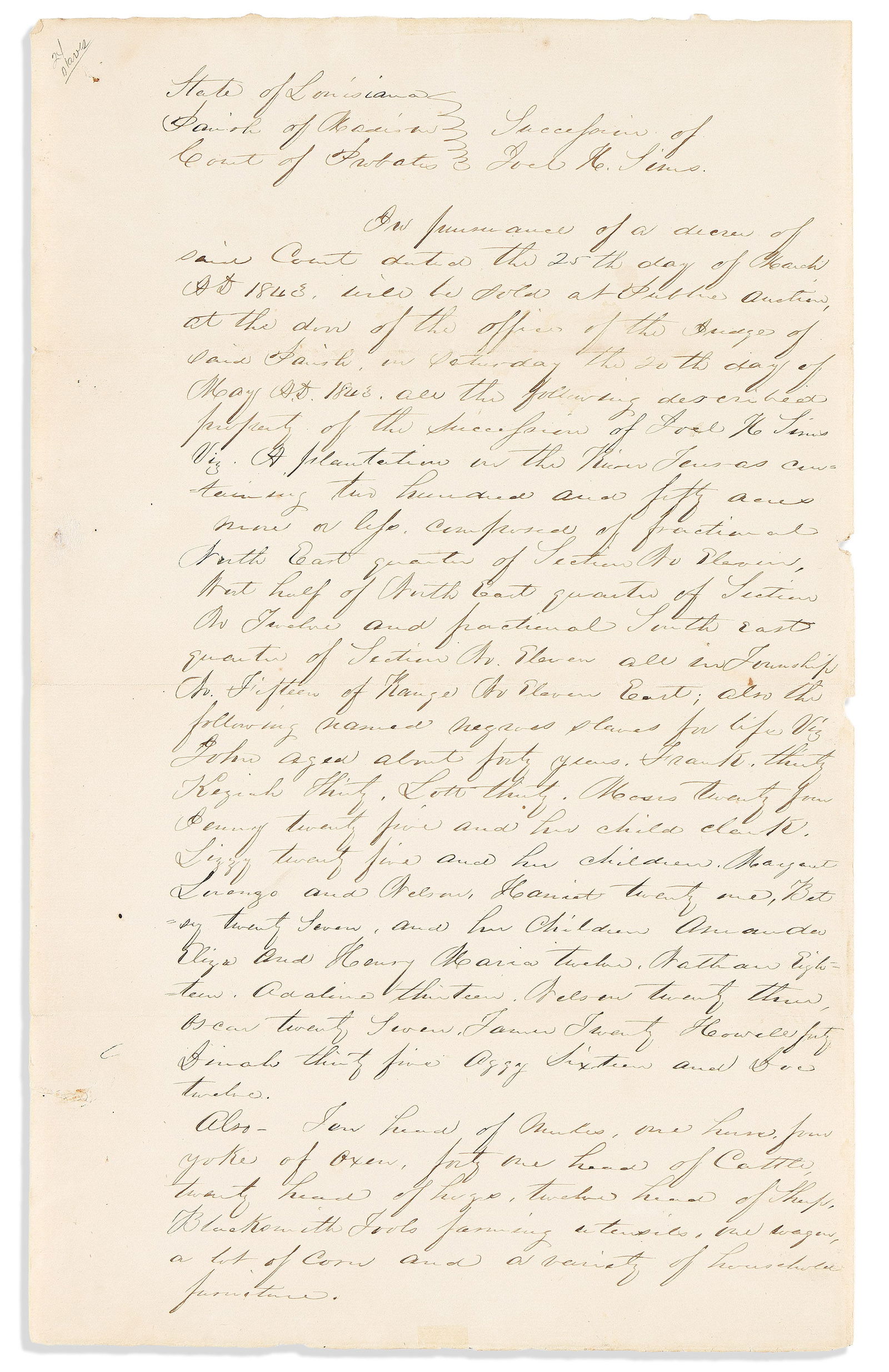 (SLAVERY.) Order to auction 25 named enslaved people from a Louisiana plantation.. Madison Parish, (1 of 1)