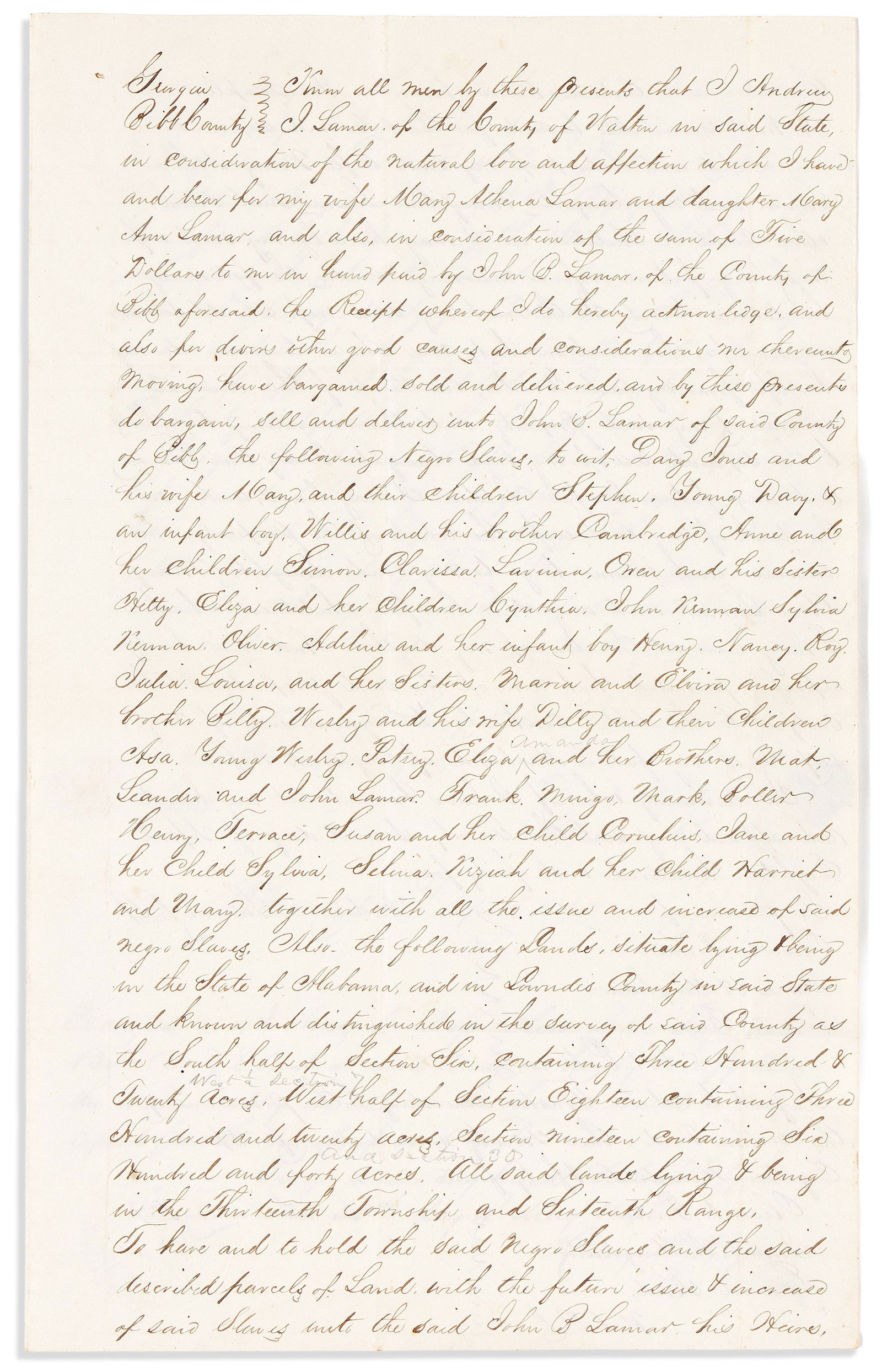 (SLAVERY.) Deed naming 50 enslaved people on a plantation in Lowndes County, Alabama, 1845 (1 of 1)