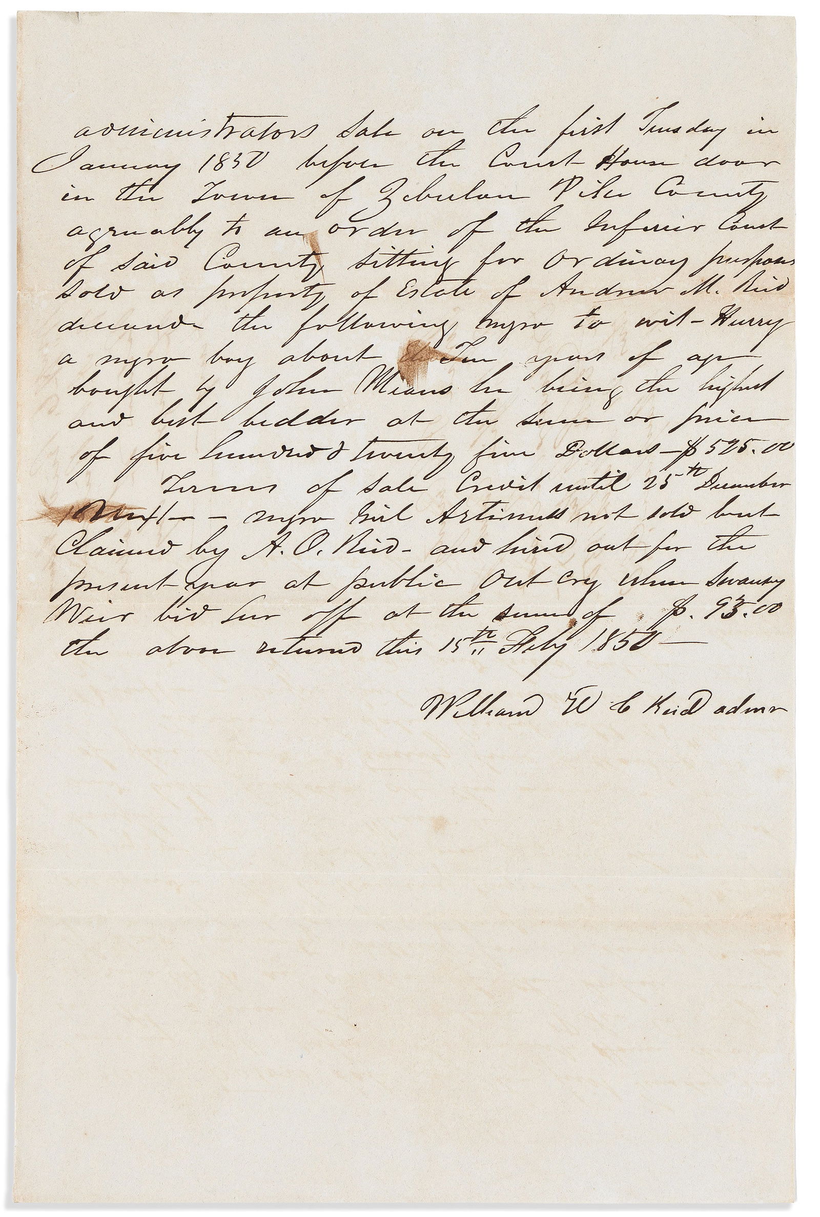 (SLAVERY.) Report on the auction of "Henry, a Negro boy about ten years." Pike County, GA, 1850 (1 of 1)