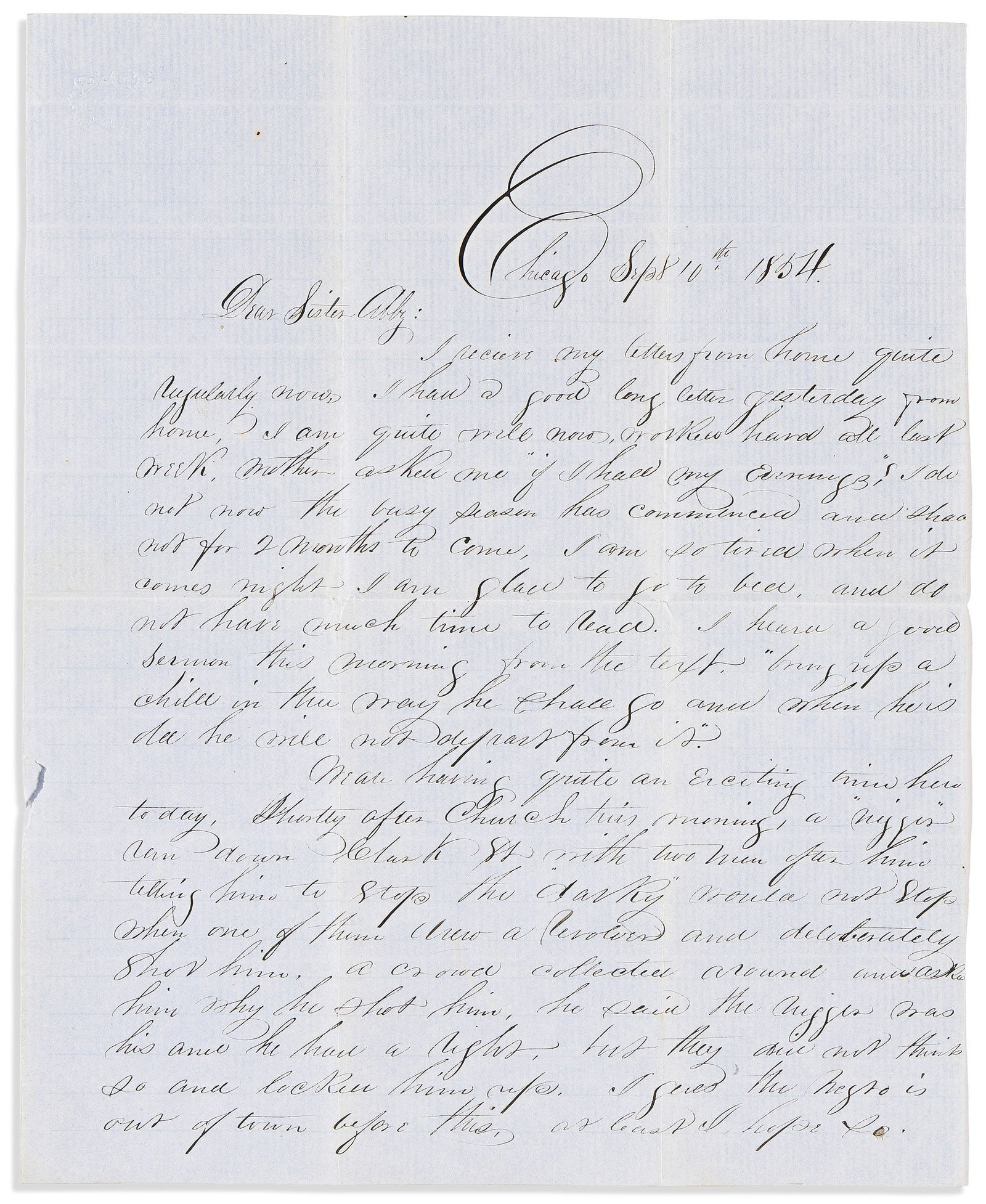 (SLAVERY.) Edward P. Hall. Letter describing the shooting of an alleged escaped slave. Chicago, 1854 (1 of 1)