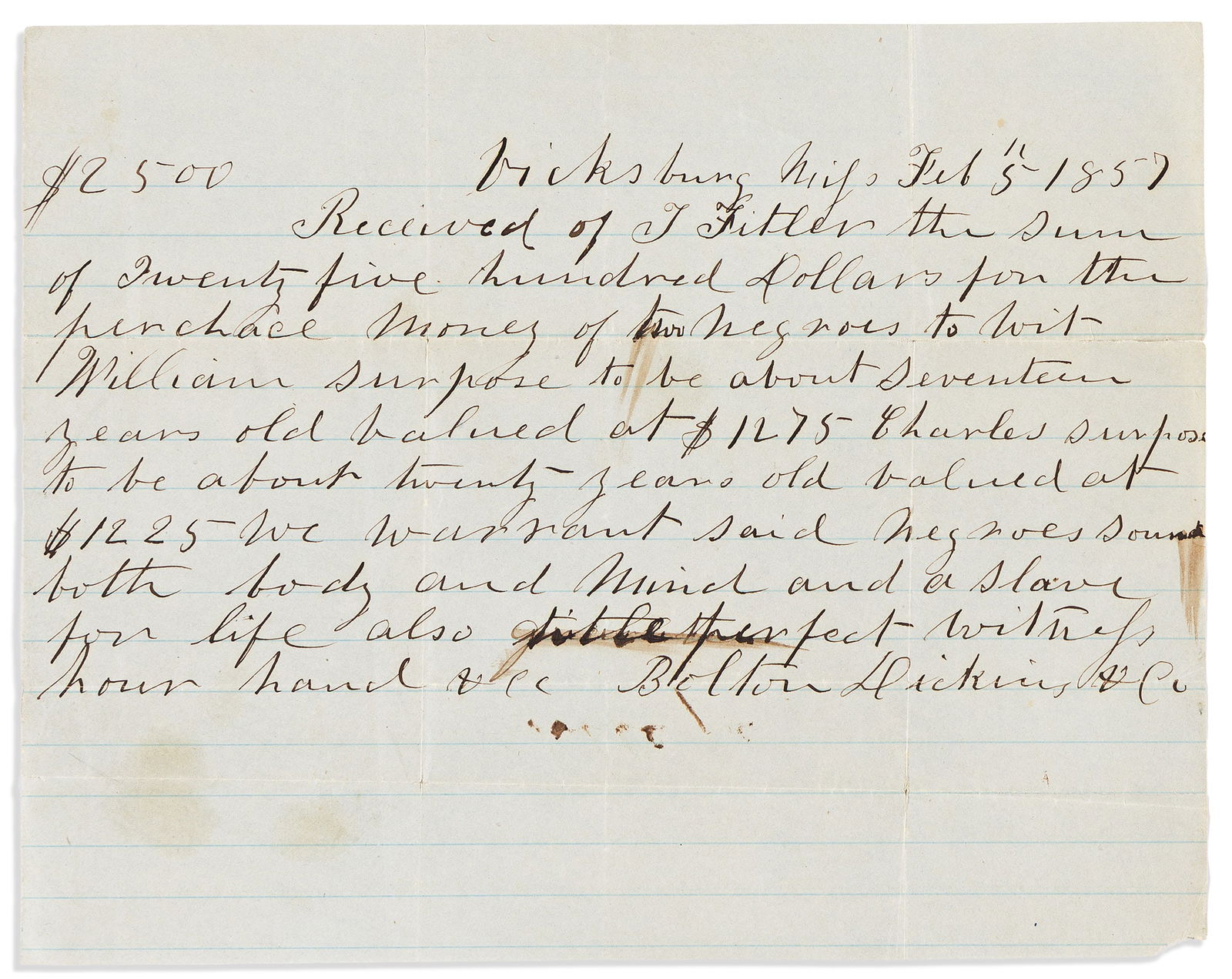 (SLAVERY.) Bolton, Dickins & Co. Receipt for "two Negroes" sold by infamous slave traders. (1 of 1)