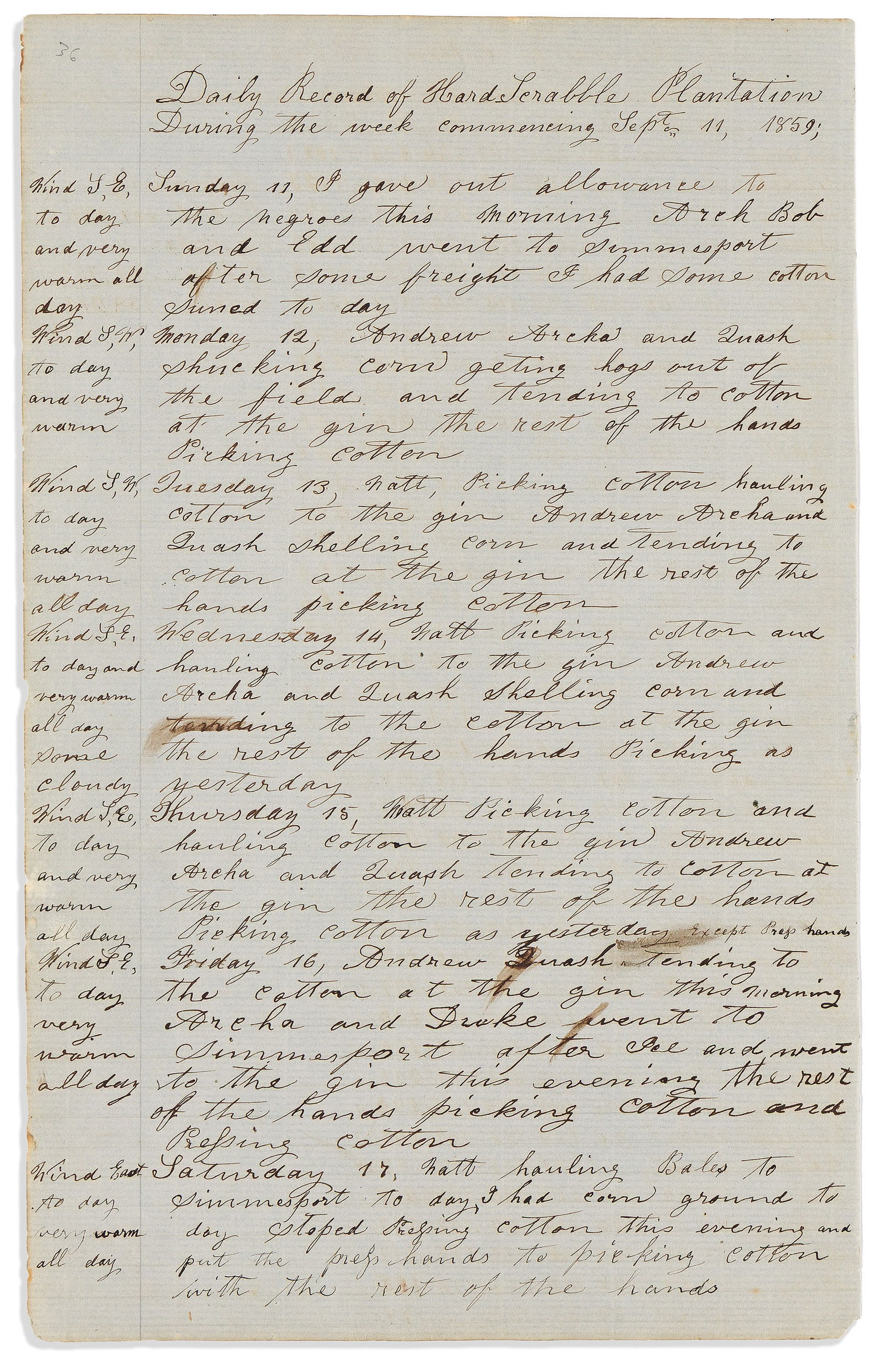 (SLAVERY.) Leaf from an overseer's diary and work log at Hardscrabble Plantation. Near Simmesport, (1 of 2)