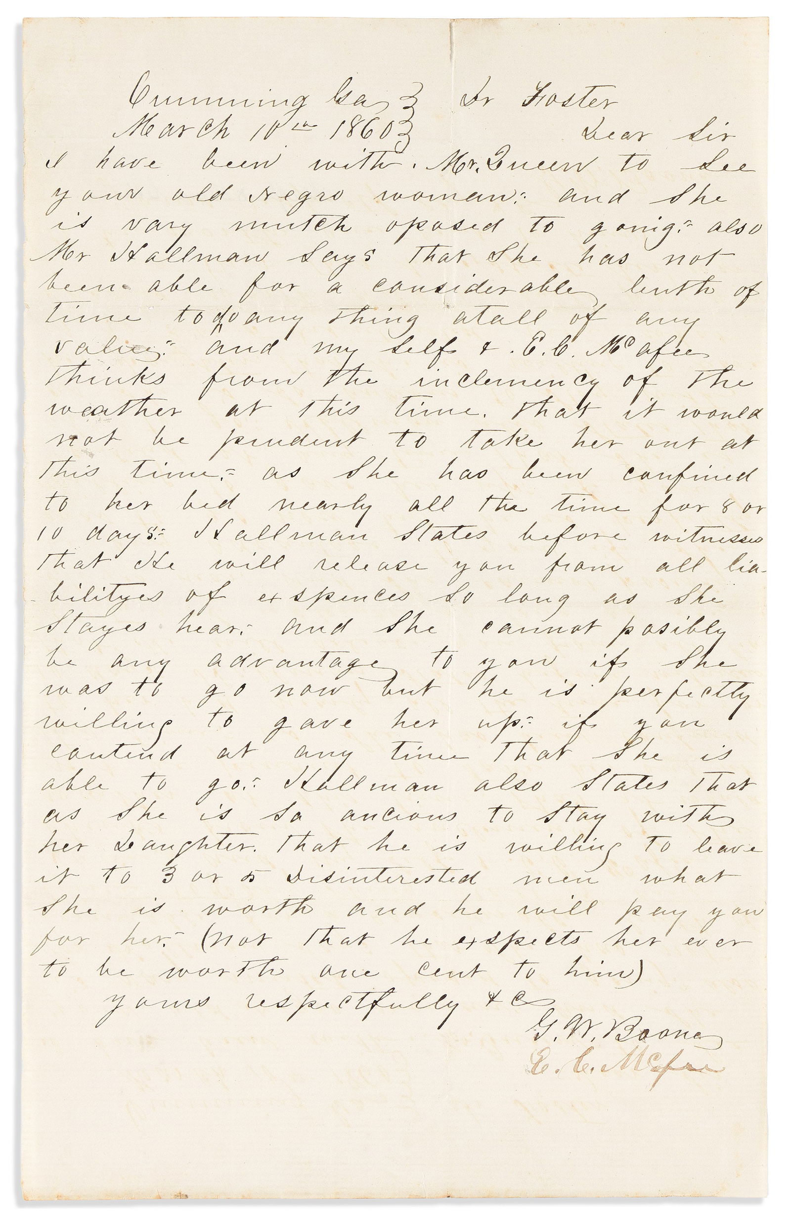 (SLAVERY.) Letter about an aged enslaved woman who is "ancious to stay with her daughter." Cumming, (1 of 1)