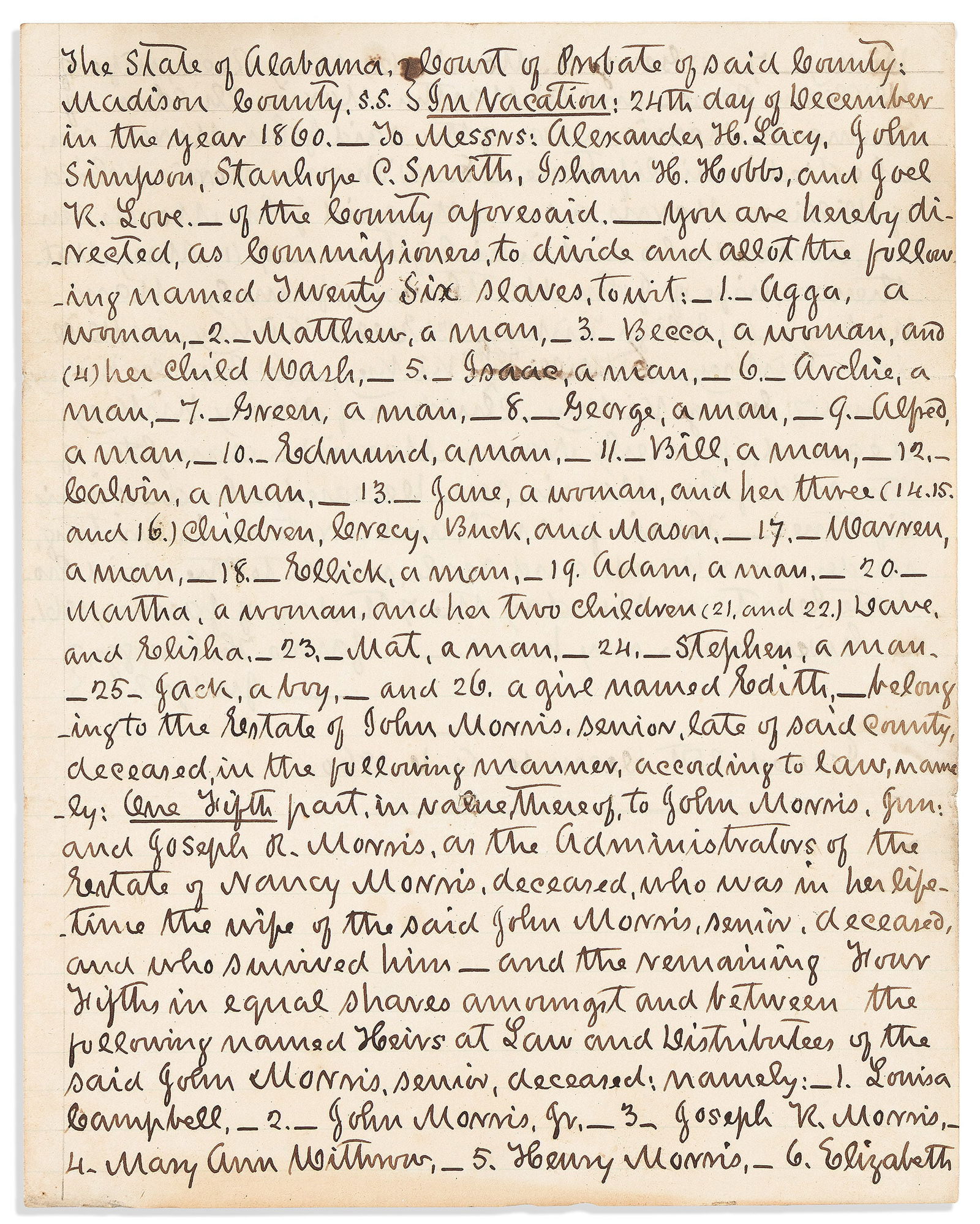 (SLAVERY.) Estate in Madison County, Alabama including 26 named enslaved people, 1860 (1 of 1)