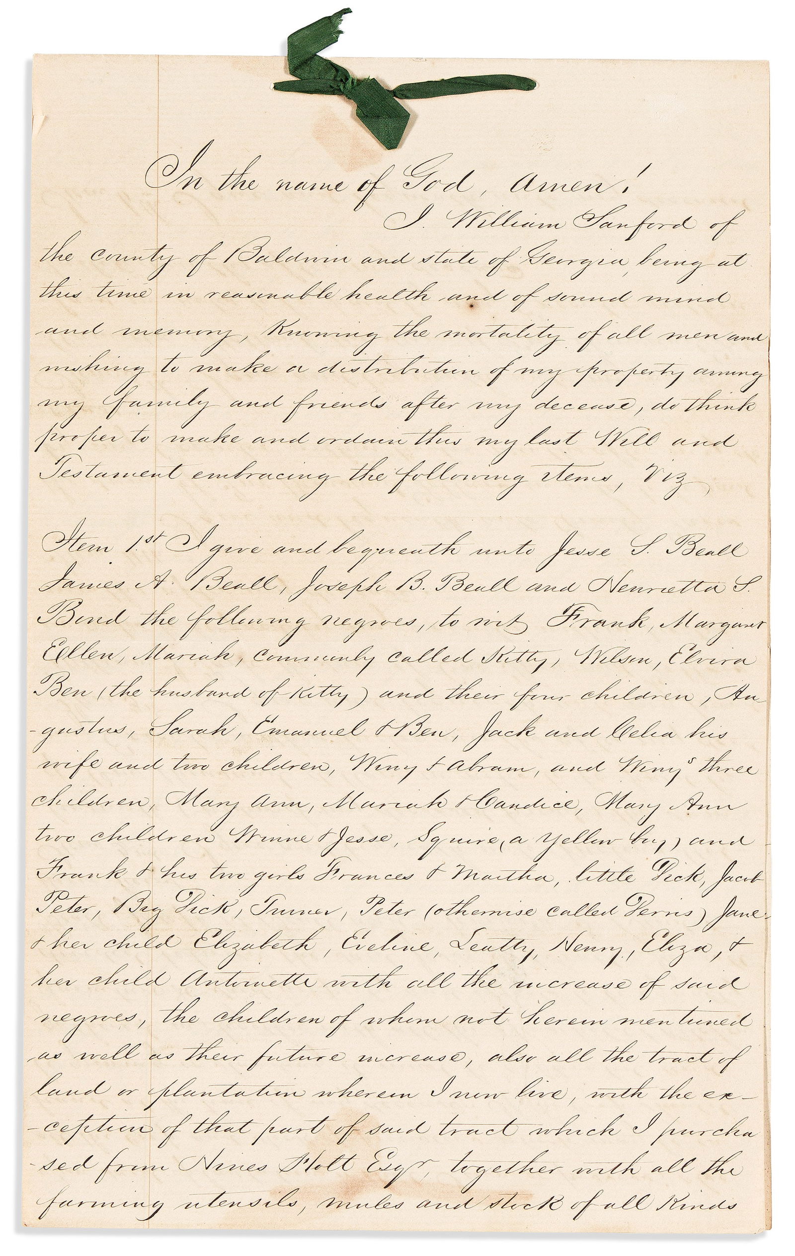 (SLAVERY.) Will dividing the 46 enslaved people of a Georgia planter, adding a bequest to Emory (1 of 1)