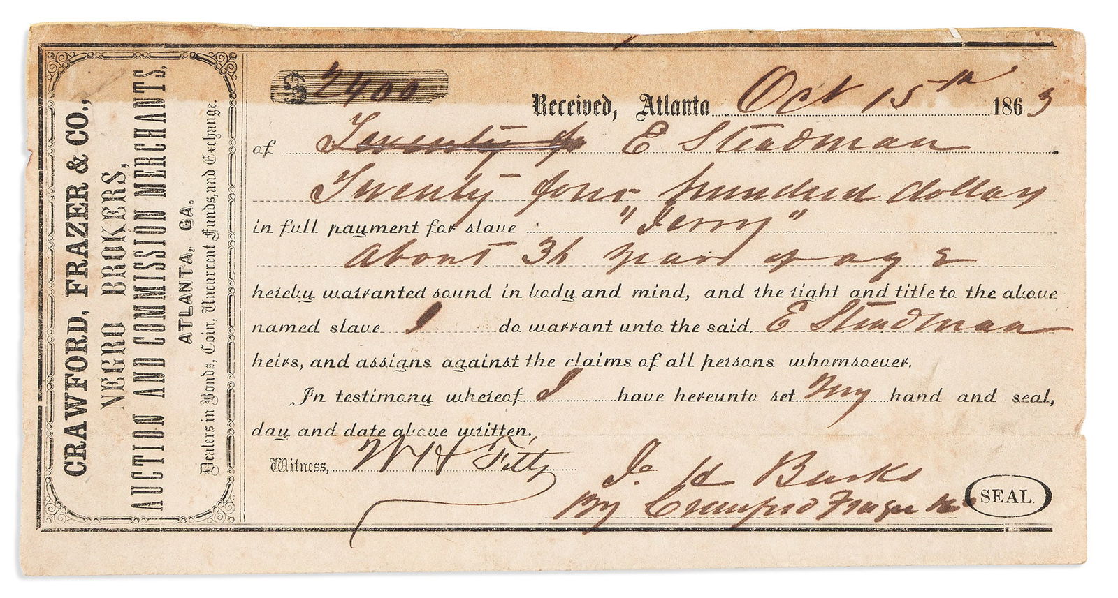 (SLAVERY.) Receipt for an enslaved man named Jerry from Crawford, Frazer & Co. Atlanta, GA, 1863 (1 of 1)