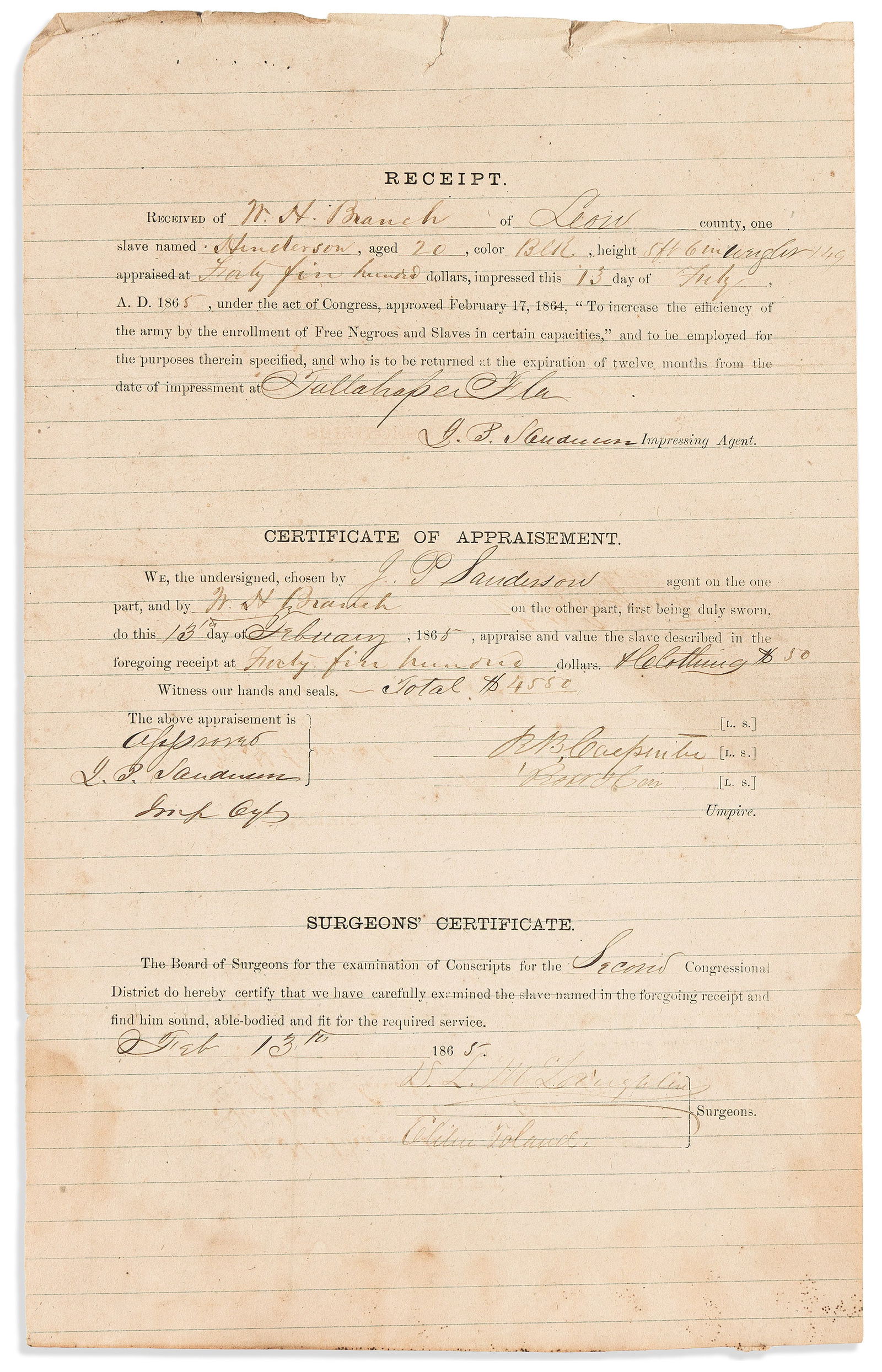 (SLAVERY.) Receipt for a Confederate slave impressment. Tallahassee, FL, 1865 (1 of 1)