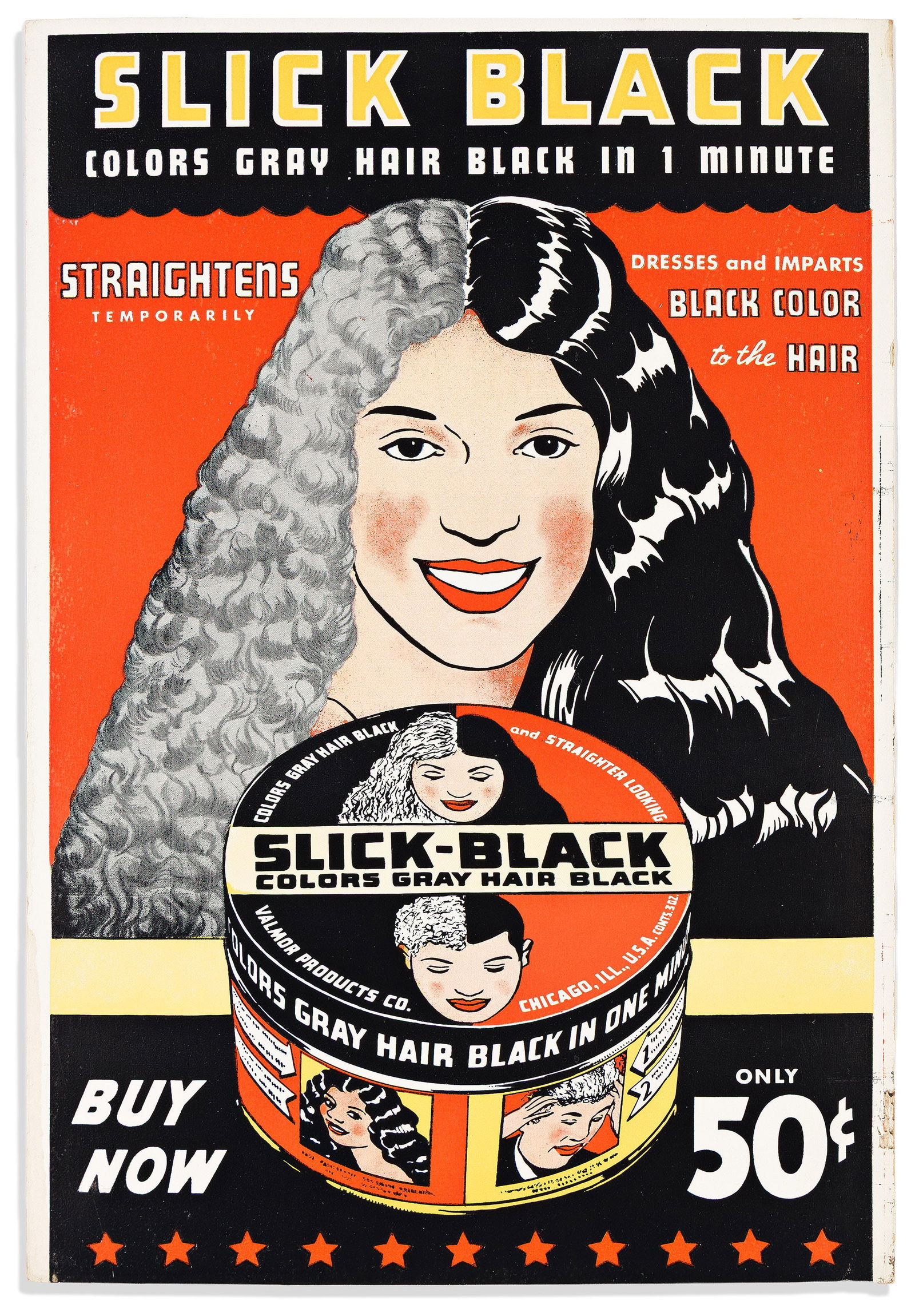 (WOMEN'S HISTORY--BEAUTY.) Slick Black Colors Gray Hair Black in 1 Minute. [Chicago], circa (1 of 1)