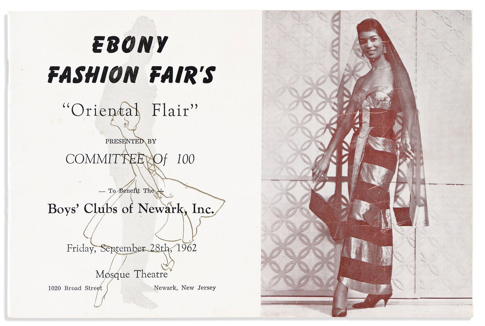 (WOMEN'S HISTORY--BEAUTY.) Ebony Fashion Fair's Oriental Flair. Newark, NJ, 28 September 1962: (WOMEN'S HISTORY--BEAUTY.)Ebony Fashion Fair's Oriental Flair Presented by Committee of 100. Newark, NJ, 28 September 1962[32] pages including wrappers, oblong octavo, 6 x 9 inches; minimal wear.