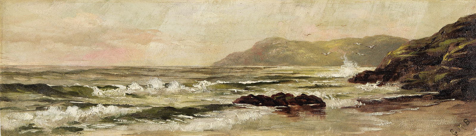 Edward Mitchell Bannister (1828-1901), Untitled (Rhode Island Seascape), circa 1880s.: Edward Mitchell Bannister (1828-1901) Untitled (Rhode Island Seascape). Oil on Masonite board, circa 1880s. Initialed, lower right. 4 x 14 in. (10.2 x 35.6 cm.), Frame: 6 3/4 x 16 1/2 in. (17.1 x 41.9