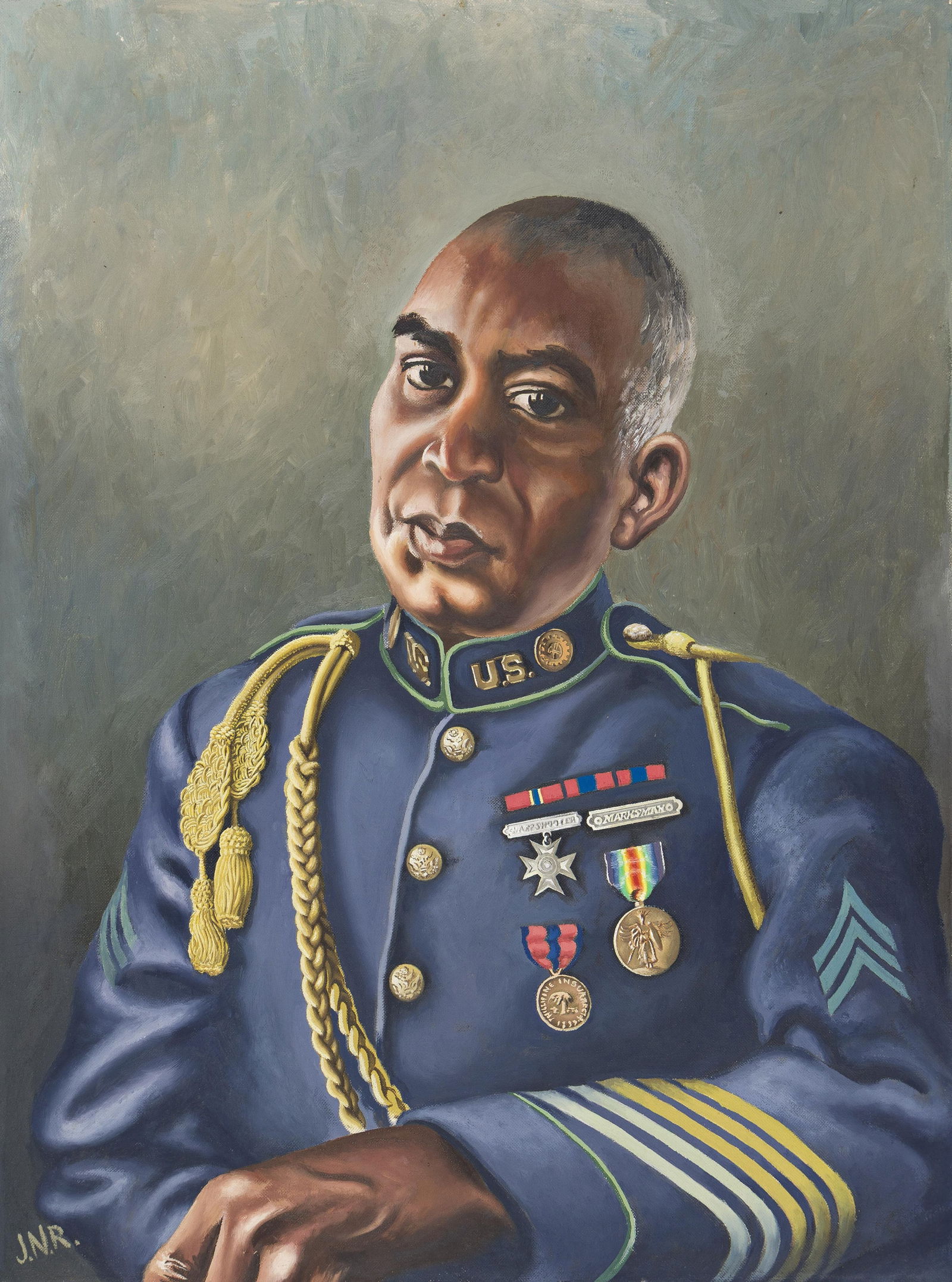 John N. Robinson (1912-1994), Sarge, 1938.: John N. Robinson (1912-1994) Sarge. Oil on canvas board, 1938. Initialed in oil, lower left. Signed, titled and dated in colored pencil, verso. 24 x 18 in. (61 x 45.7 cm.), Frame: 27 1/2 x 22 in. (69.