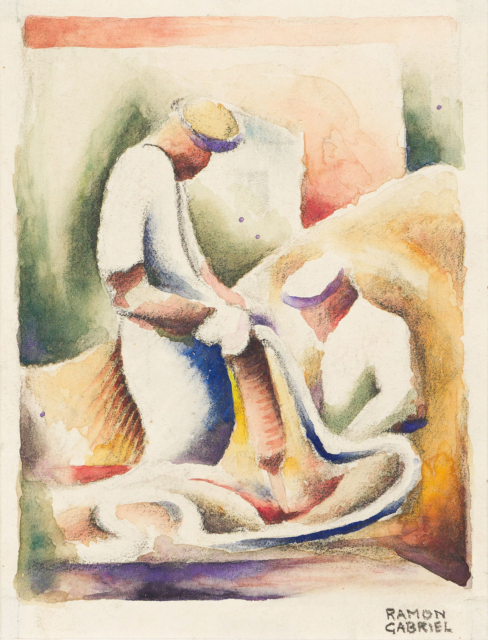 Ramon Gabriel (1911-1987), Untitled (Workers), circa 1940s.: Ramon Gabriel (1911-1987) Untitled (Workers). Watercolor on thick wove paper, circa 1940s. Signed in crayon, lower right. 6 x 5 in. (15.2 x 12.7 cm.), Frame: 10 1/2 x 8 1/2 in. (26.7 x 21.6 cm.) Prove
