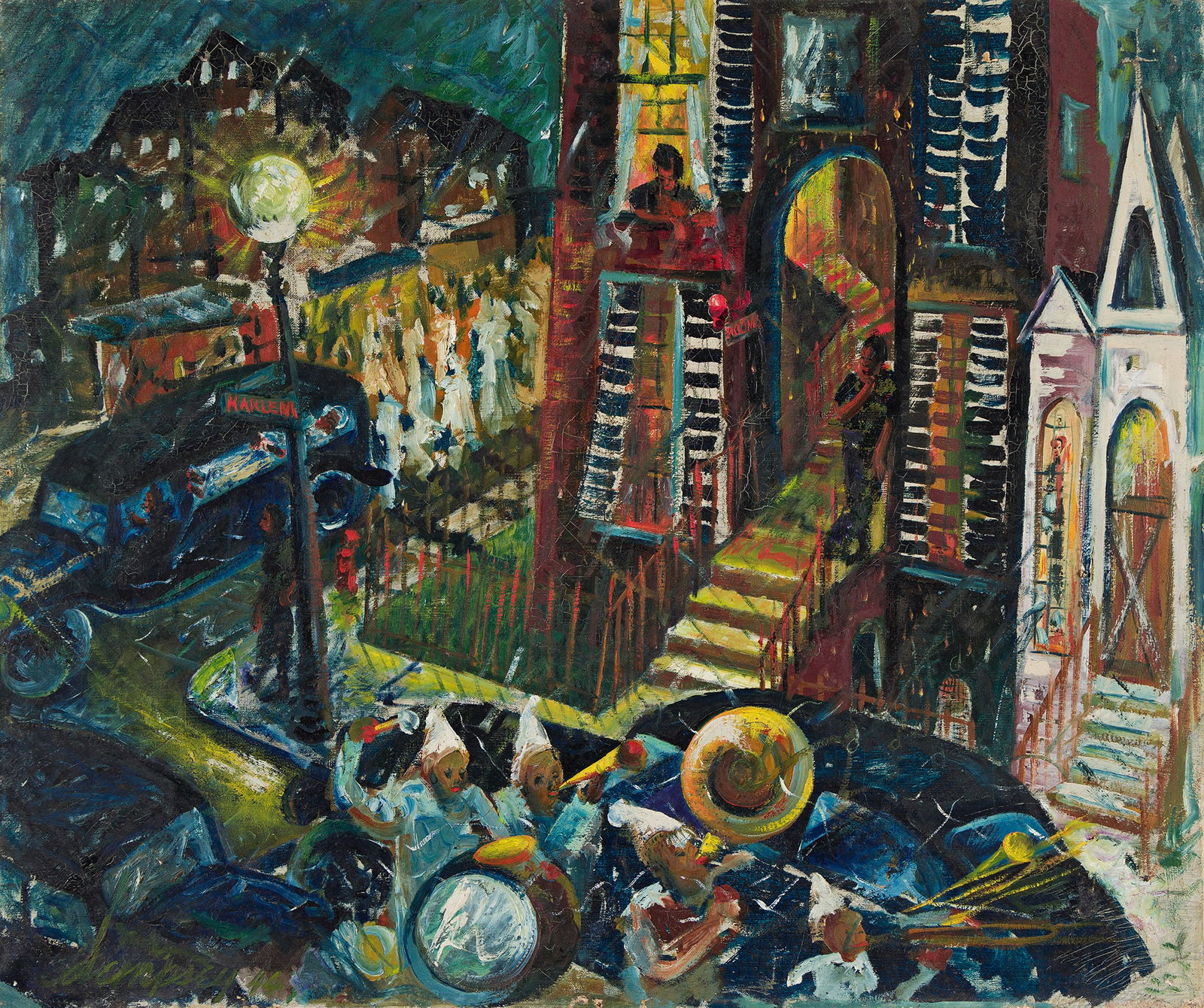 Richard Dempsey (1909-1987), Parade in Harlem, 1944.: Richard Dempsey (1909-1987) Parade in Harlem. Oil on linen canvas, 1944. Signed and dated in oil, lower left recto. Signed and dated in oil, lower right verso. 25 x 30 in. (63.5 x 76.2 cm.), Frame: 30