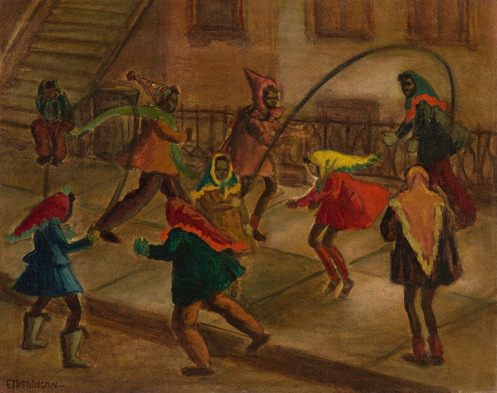 Ellis Wilson (1899-1977), Untitled (Girls Jumping Rope), circa 1940s.: Ellis Wilson (1899-1977) Untitled (Girls Jumping Rope). Oil on linen canvas, circa 1940s. Signed in oil, lower right. 16 x 20 in. (40.6 x 50.8 cm.) Provenance: Private collection, New York. Notes: Thi