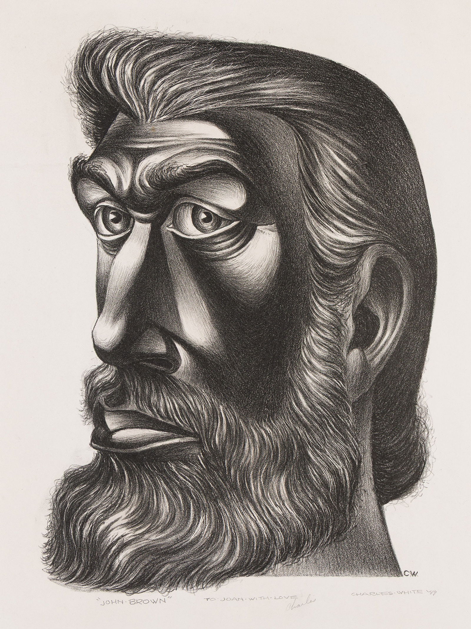 Charles White (1918-1979), John Brown, 1949.: Charles White (1918-1979) John Brown. Lithograph on cream wove paper, 1949. Edition of 30. Signed, titled, dated and dedicated "To Joan, with love Charles" in pencil, lower margin. Printed by Robert B