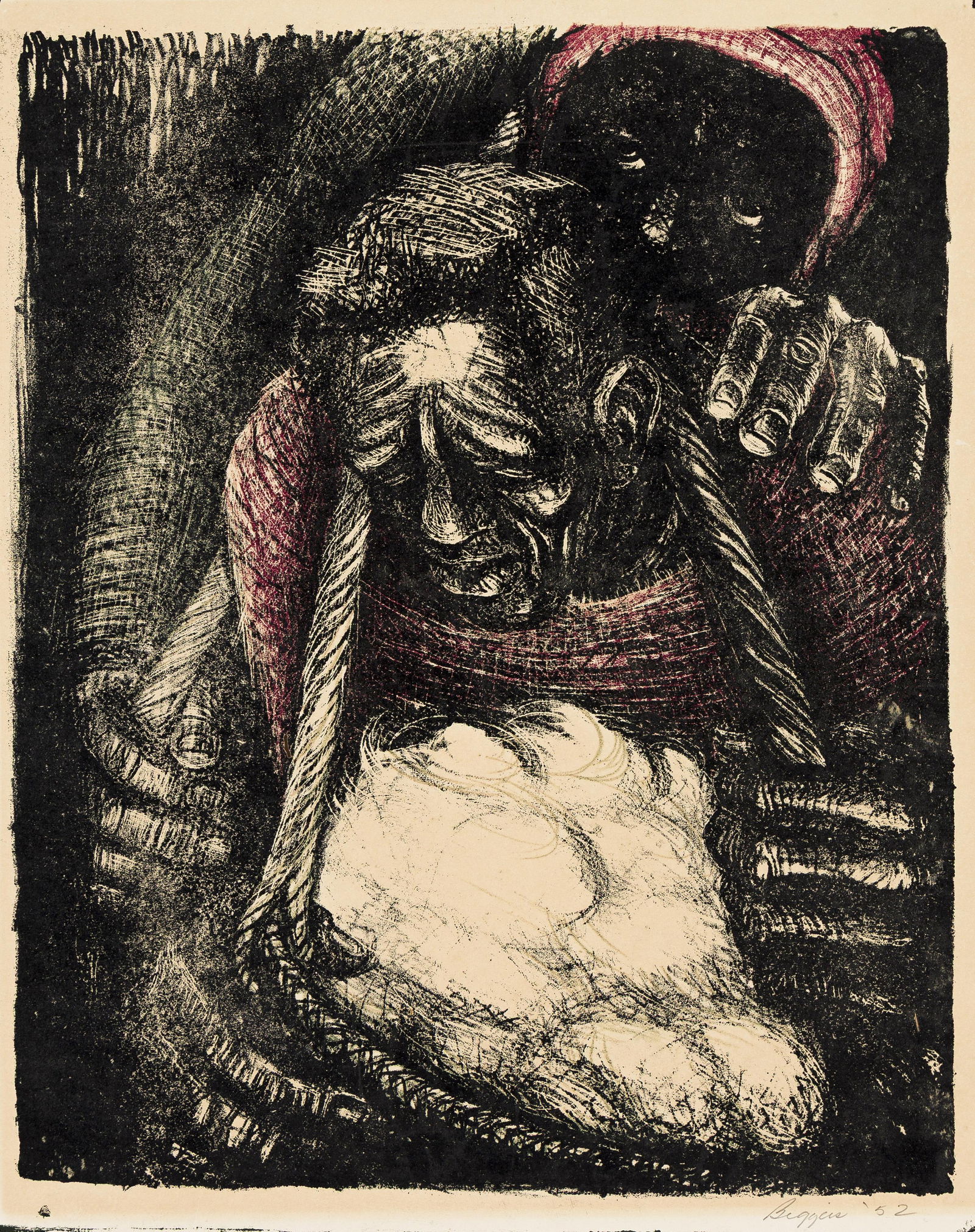 John Biggers (1924-2001), Cotton Pickers, 1952.: John Biggers (1924-2001) Cotton Pickers. Lithograph printed in red and black, 1952. Proof, from an unknown edition. Signed and dated in pencil, lower margin. Image: 17 5/8 x 14 1/4 in. (44.8 x 36.2 cm