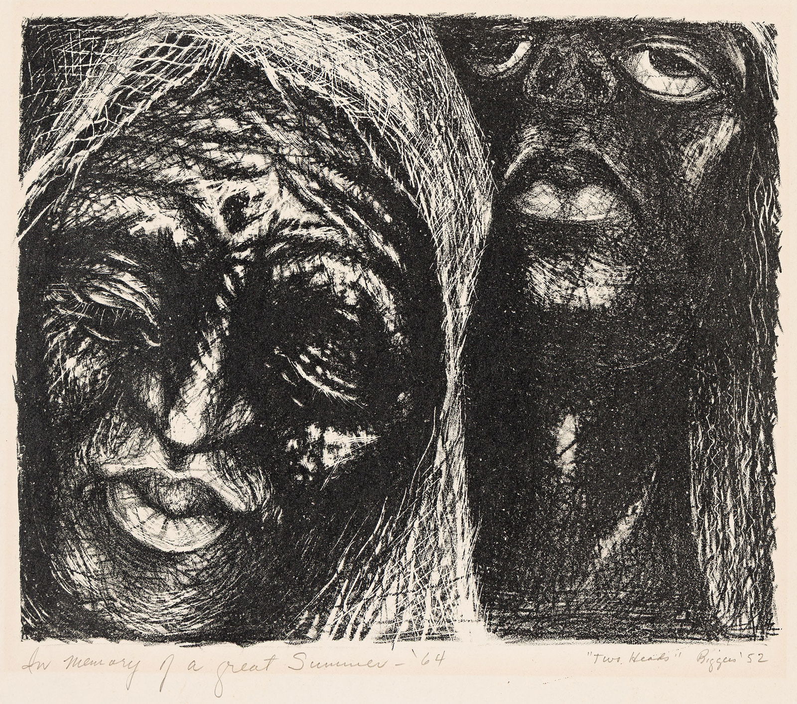 John Biggers (1924-2001), Two Heads, 1952.: John Biggers (1924-2001) Two Heads. Lithograph, 1952. Signed, titled, dated and inscribed "In Memory of a great summer - '64" in pencil, lower margin. Image: 11 1/8 x 13 1/2 in. (28.3 x 34.3 cm.), wid