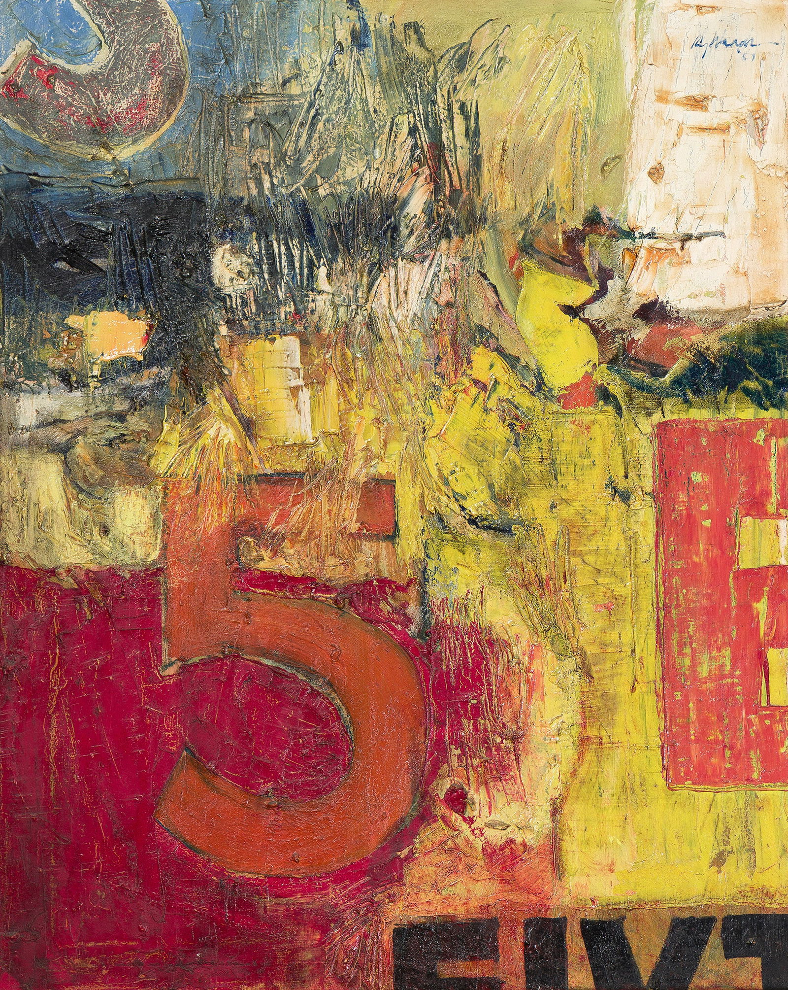 Rip Woods (1933-2025), Board with 5, 1961.: Rip Woods (1933-2025) Board with 5. Oil on linen canvas, 1961. Signed and dated in blue ink, upper right. Titled ink ink, across the stretcher. 30 x 24 in. (76.2 x 61 cm.), Frame: 30 3/4 x 24 1/2 in.