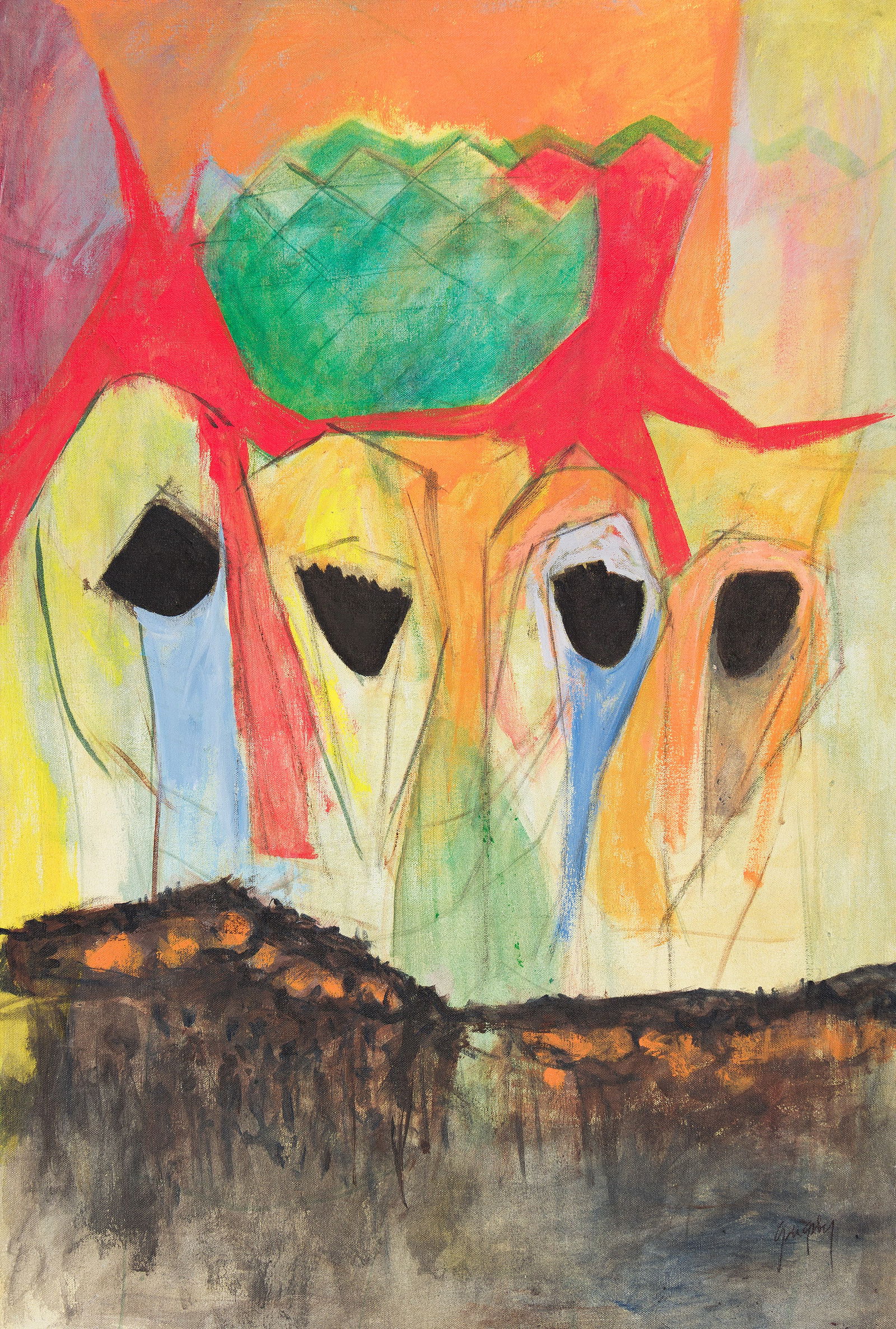 J. Eugene Grigsby, Jr. (1918-2013), Enduring Women, circa 1960s.: J. Eugene Grigsby, Jr. (1918-2013) Enduring Women (Women of Darfur). Acrylic on cotton canvas, circa 1960s. Signed in acrylic, lower right. Frame: 37 1/2 x 25 1/4 in. (95.3 x 64.1 cm.) Provenance: Est