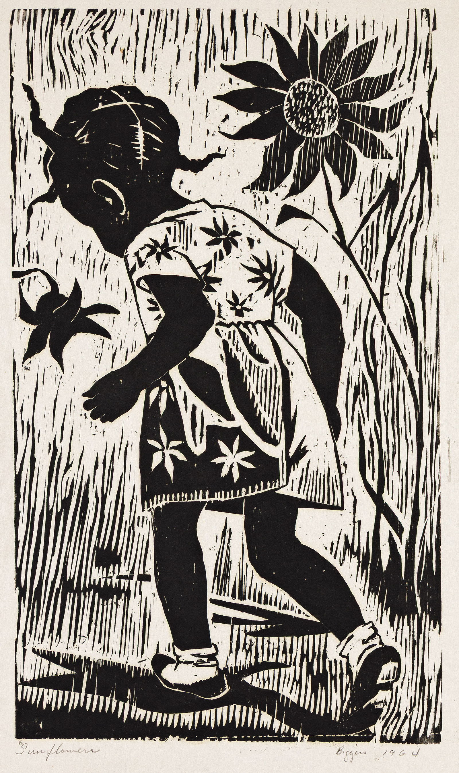 John Biggers (1924-2001), Hazel, 1964.: John Biggers (1924-2001) Hazel (Sunflowers). Woodcut on thin Japan paper, 1964. First edition, before the second edition, printed in 2000. Signed, dated and inscribed "Sunflowers" in pencil, lower mar
