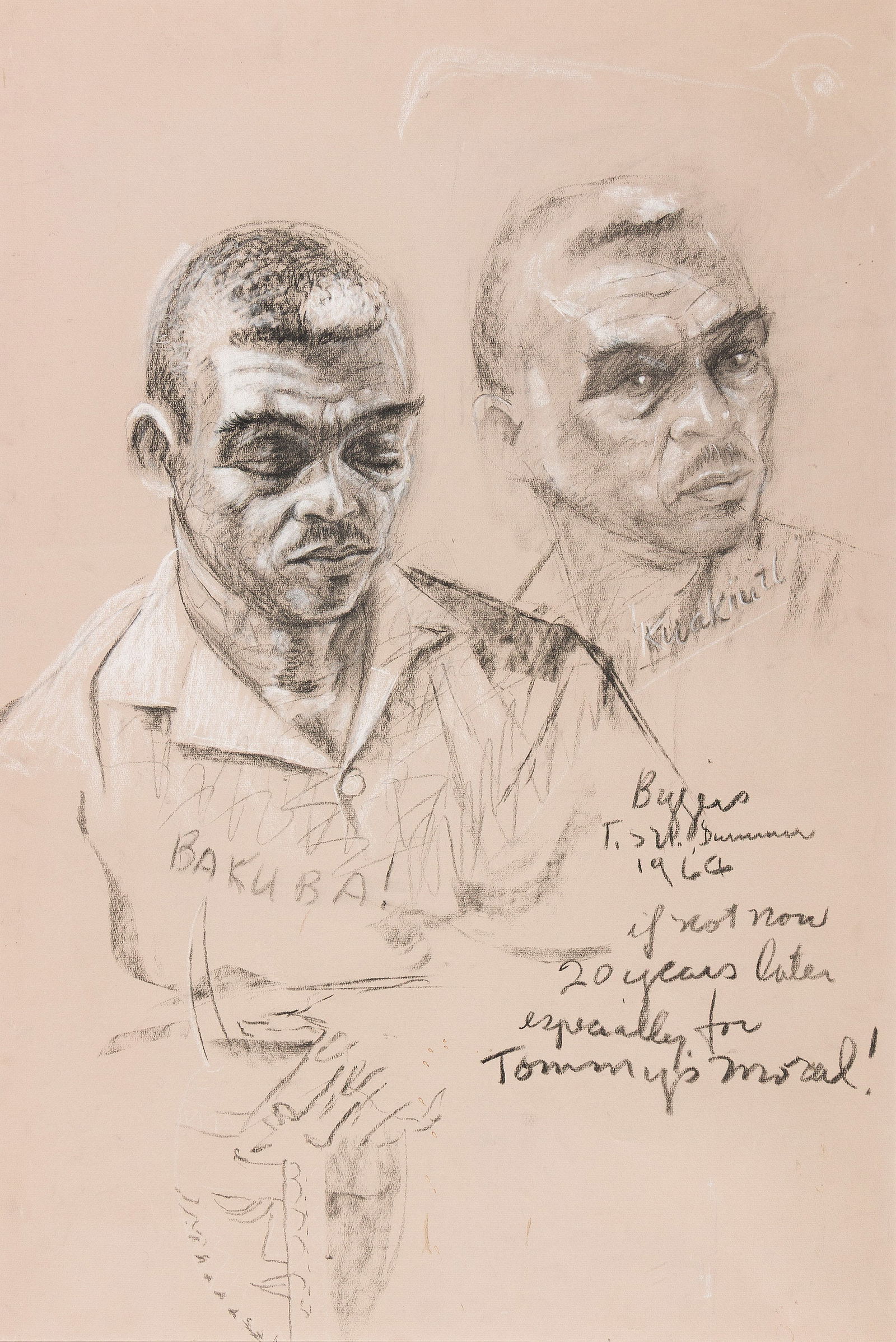 John Biggers (1924-2001), Portrait of Eugene Grigsby, 1964.: John Biggers (1924-2001) Double Portrait of Eugene Grigsby. Conte on buff wove paper, 1964. Signed, dated and inscribed "T.S.U. Summer 1964 if not now 20 years later especially for Tommy's mural!" in