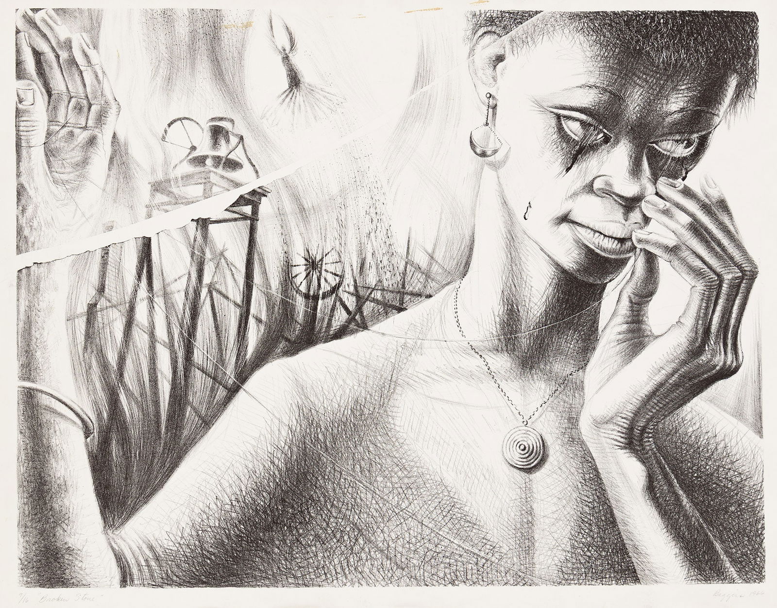 John Biggers (1924-2001), Broken Stone, 1966.: John Biggers (1924-2001) Broken Stone. Lithograph, 1966. Signed, titled, dated and numbered 9/16 in pencil, lower margin. Image: 18 3/4 x 24 1/4 in. (47.6 x 61.6 cm.), full margins. Frame: 26 1/2 x 31