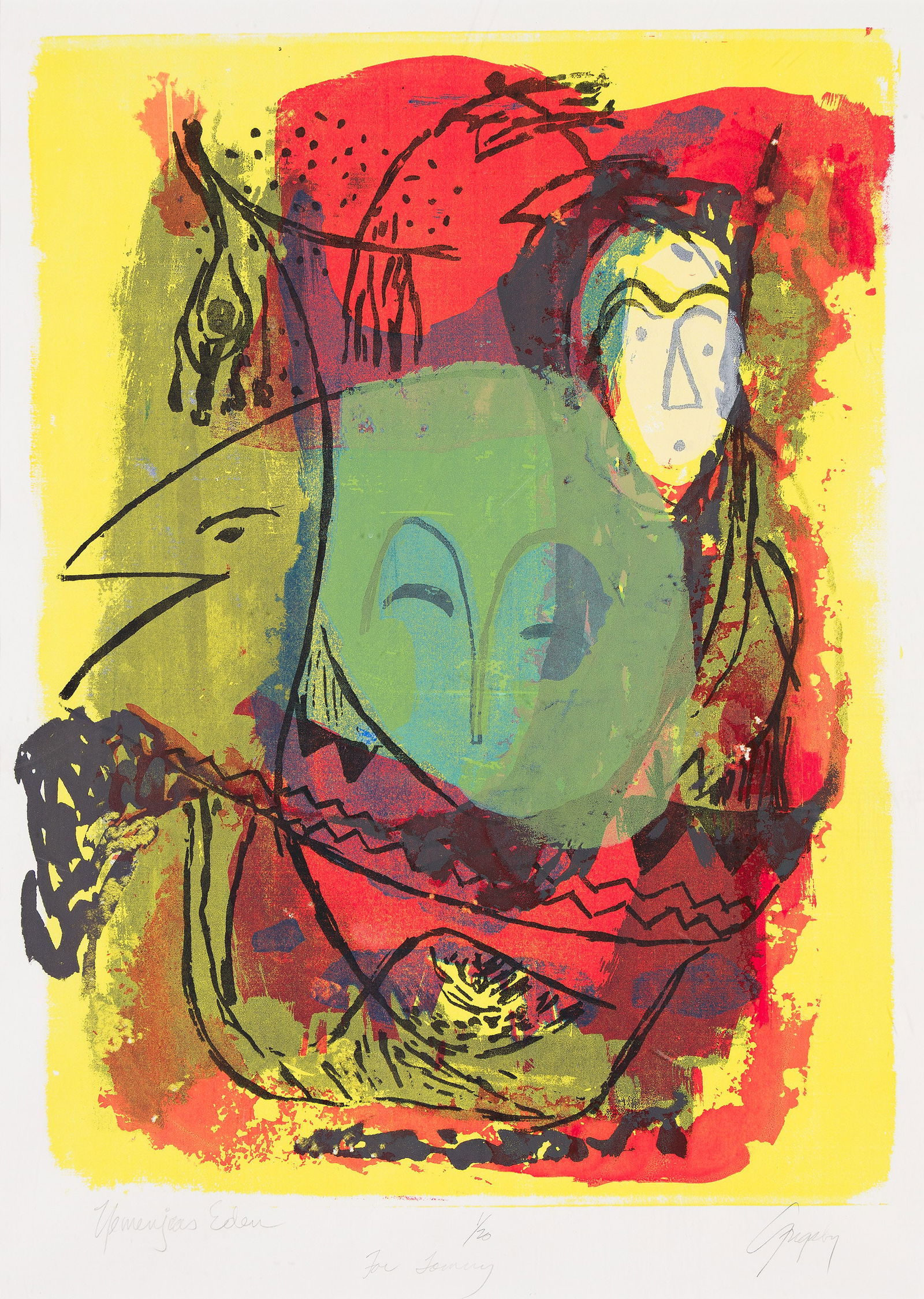 J. Eugene Grigsby, Jr. (1918-2013), Yemenja's Eden, 1975.: J. Eugene Grigsby, Jr. (1918-2013) Yemenja's Eden. Color screenprint, 1975. Signed, titled, numbered 1/20 and dedicated "To Tommy" in pencil, lower margin. Image: 23 1/4 x 17 1/2 in. (59.1 x 44.5 cm.)