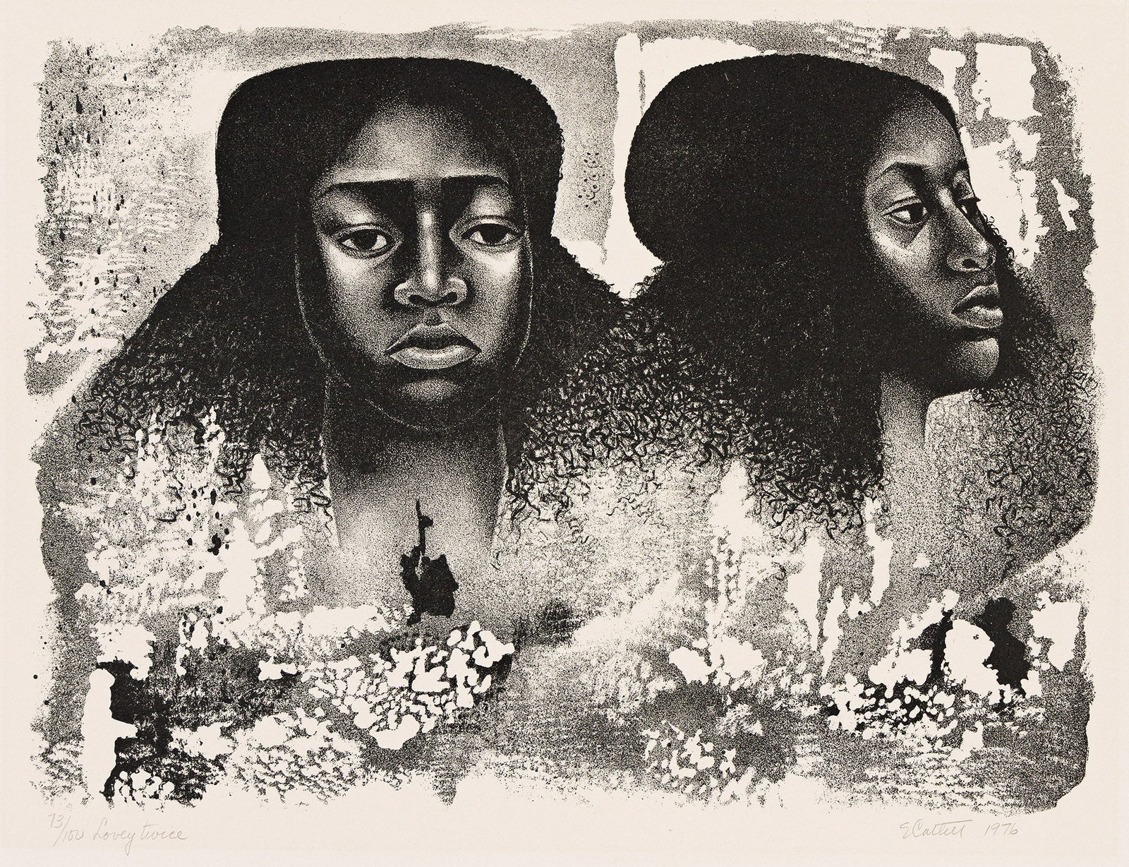 Elizabeth Catlett (1915-2012), Lovey Twice, 1976.: Elizabeth Catlett (1915-2012) Lovey Twice. Lithograph, 1976. Signed, titled, dated and numbered 13/100 in pencil, lower margin. Image: 15 3/4 x 21 1/4 in. (40 x 54 cm.), wide margins. Frame: 26 1/2 x