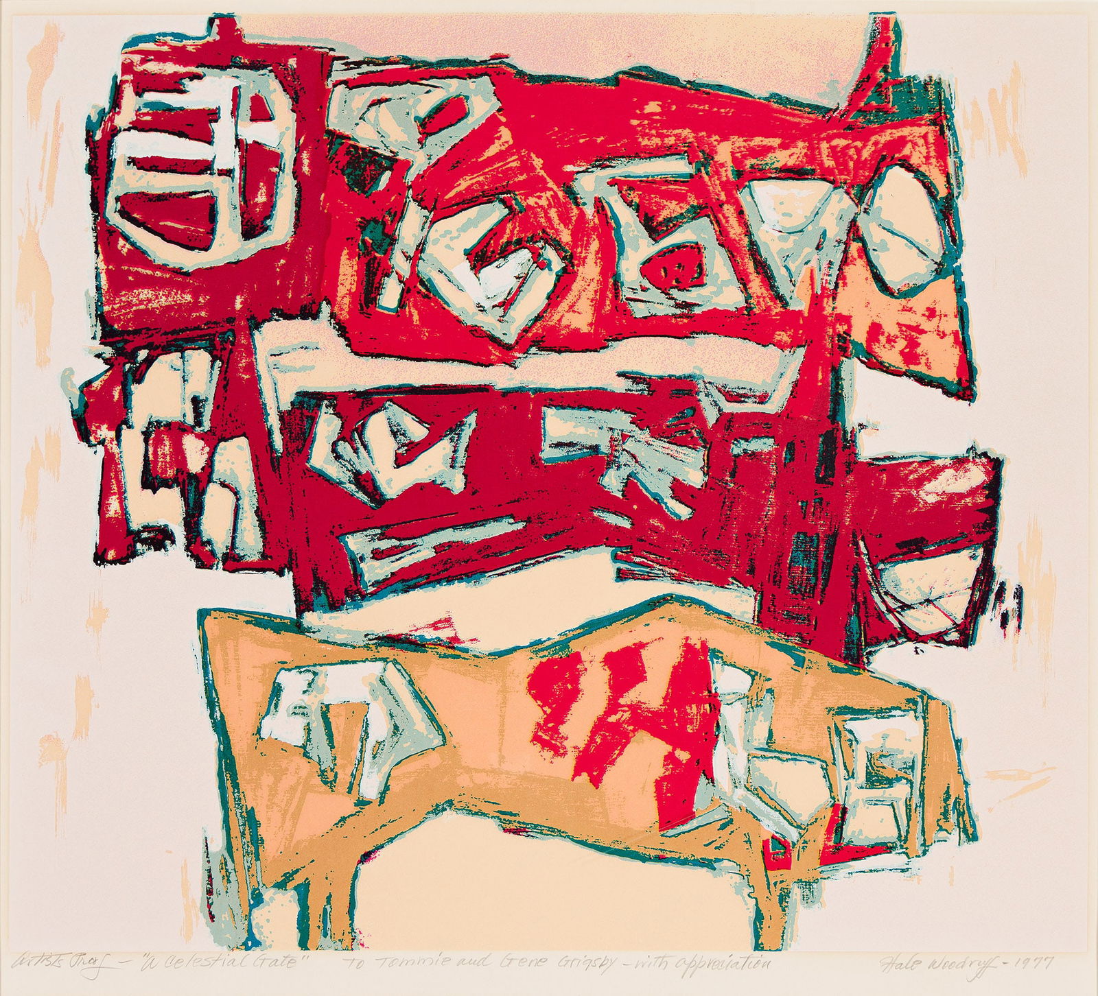 Hale Woodruff (1900-1980), A Celestial Gate, 1977.: Hale Woodruff (1900-1980) A Celestial Gate. Color screenprint on Arches paper, 1977. Proof, aside from an edition of approximately 175. Signed, titled, dated, inscribed "artist's proof" and dedicated