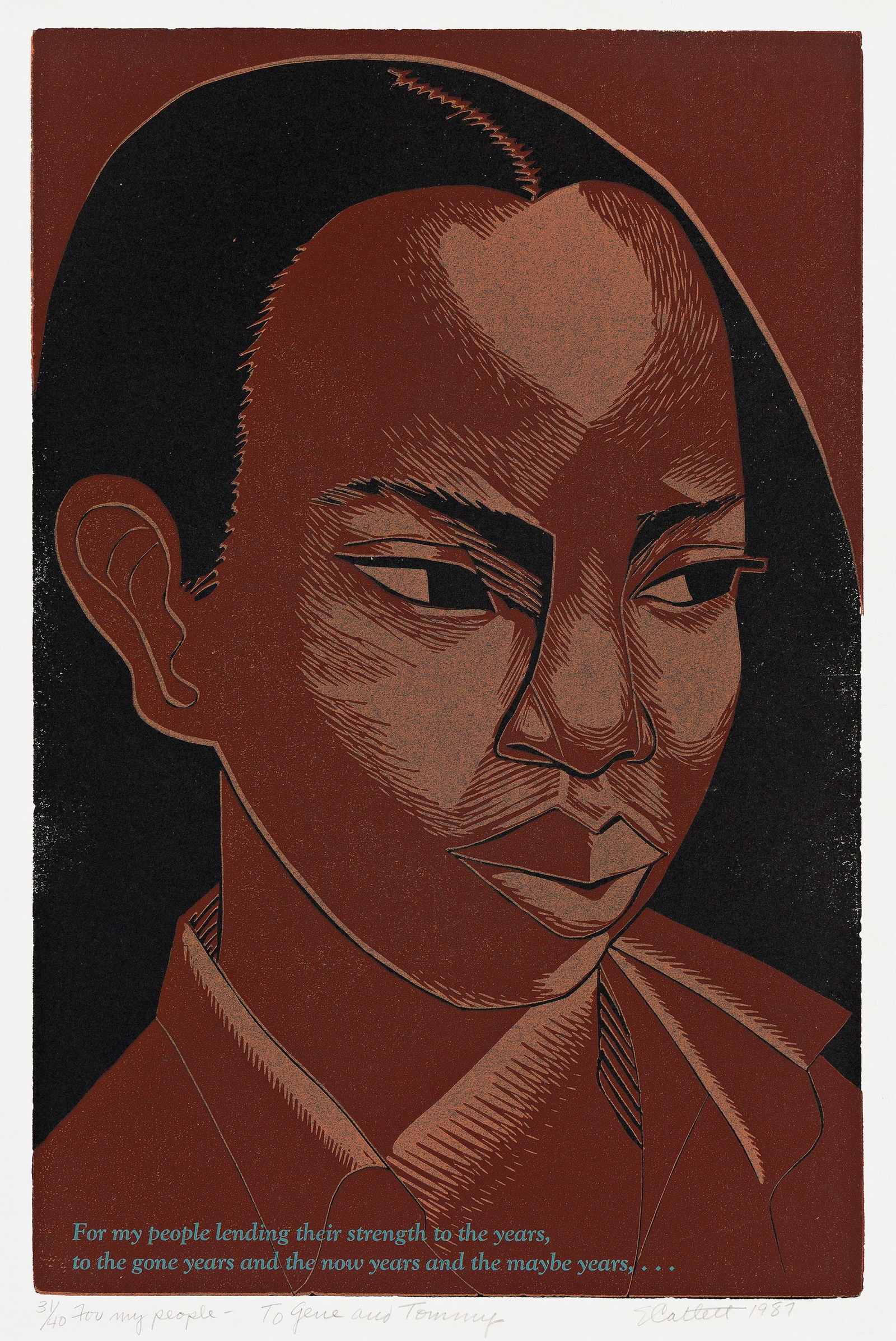 Elizabeth Catlett (1915-2012), For My People..., 1987.: Elizabeth Catlett (1915-2012) For My People... Color linoleum cut, 1987. Signed, titled, dated, numbered 31/40 and dedicated "To Gene and Tommy" in pencil, lower margin. Printed at the Arizona State U