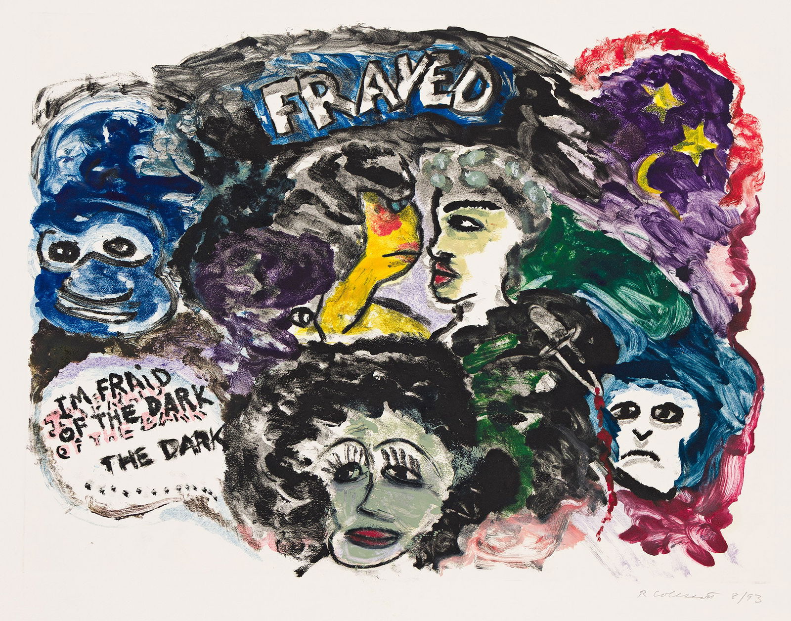 Robert H. Colescott (1925-2009), 'Fraid of the Dark (Frayed), 1993.: Robert H. Colescott (1925-2009) 'Fraid of the Dark (Frayed). Oil monotype on wove paper, 1993. Signed and dated 8/93 in pencil, lower right. Image: 17 3/4 x 23 1/2 in. (45.1 x 59.7 cm.), full margins.