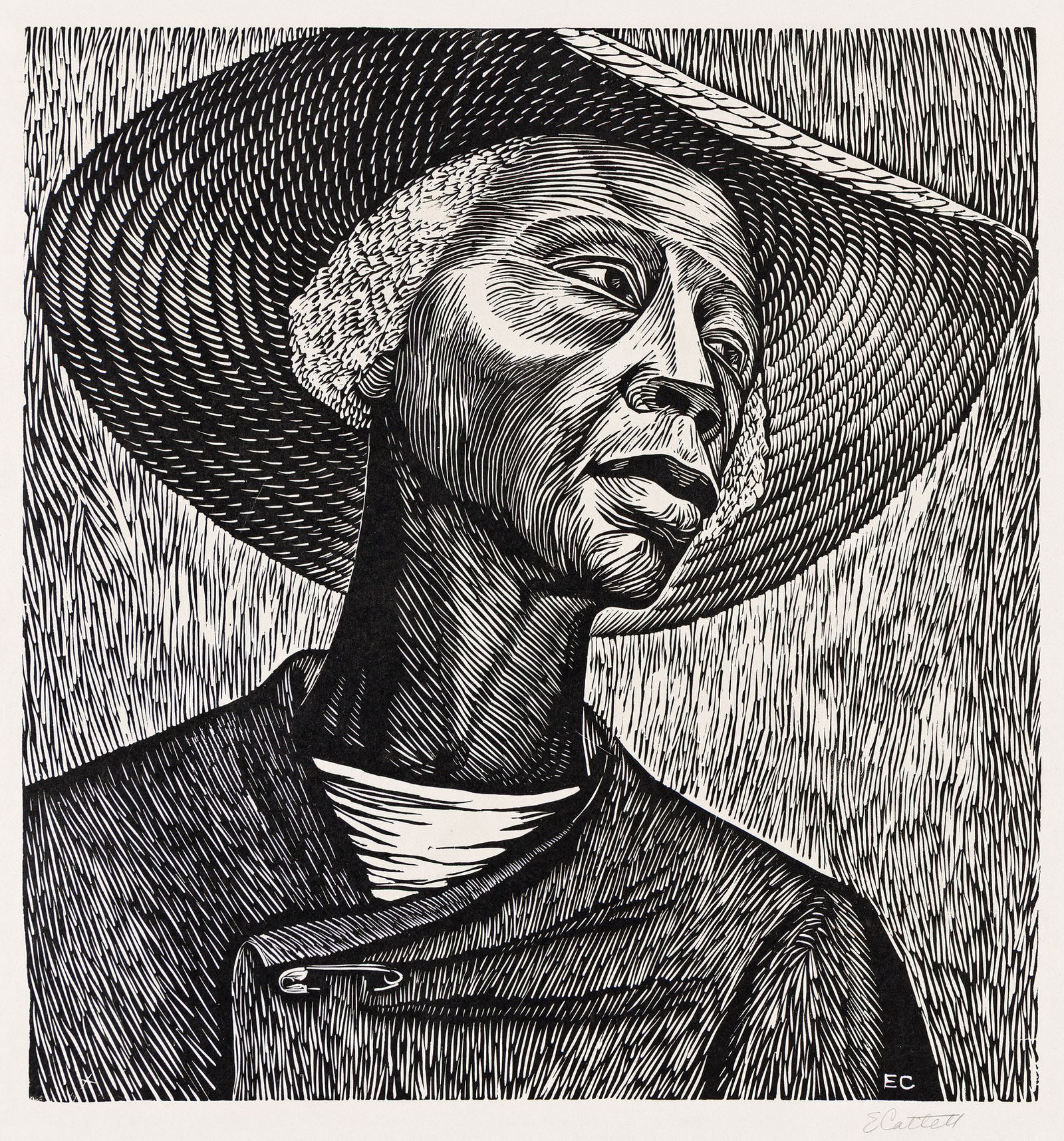 Elizabeth Catlett (1915-2012), Sharecropper, circa 1952.: Elizabeth Catlett (1915-2012) Sharecropper. Linoleum cut on wove paper, circa 1952. Proof, before the color edition of 60 printed in 1970. Signed in pencil, lower right. Printed at the Taller de