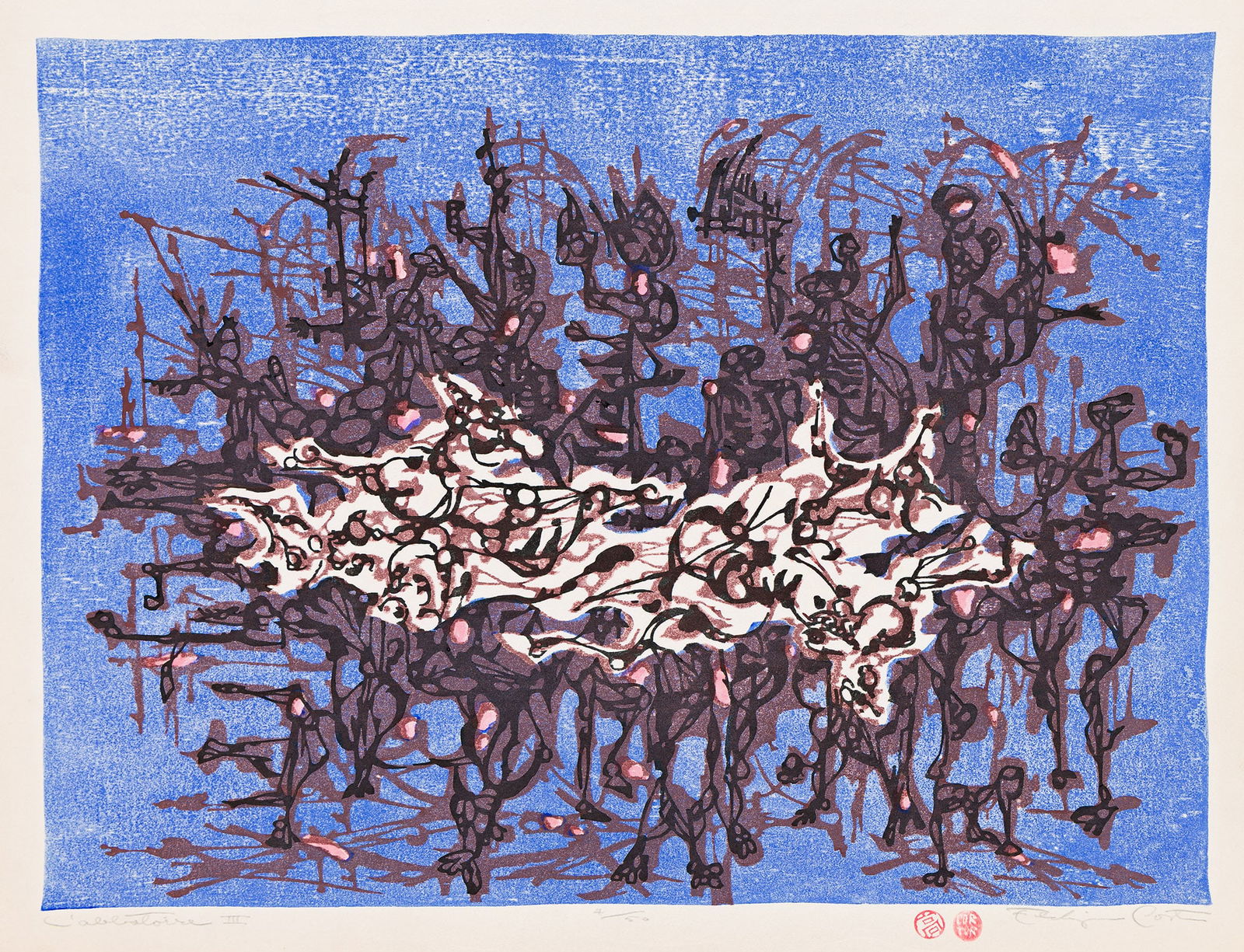 Eldzier Cortor (1916-2015), L'Abbatoire III, 1950s.: Eldzier Cortor (1916-2015) L'Abbatoire III. Color woodcut on Japan paper, 1950s. Signed, titled and numbered 4/50 in pencil, lower margin. Image: 14 3/4 x 19 3/4 in. (37.5 x 50.2 cm.), full margins.