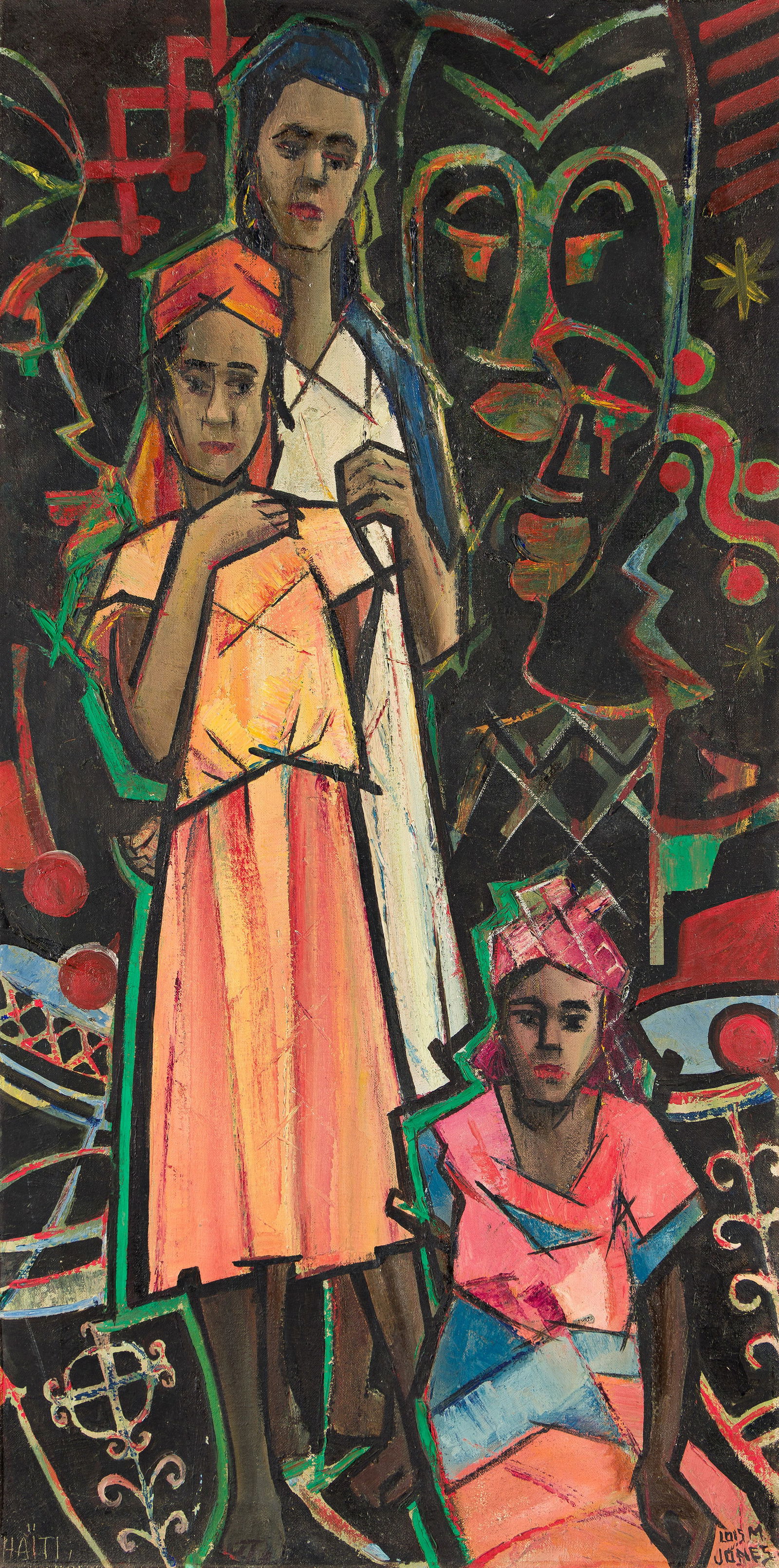 Loïs Mailou Jones (1905-1998), Untitled, circa 1960s.: Loïs Mailou Jones (1905-1998) Untitled. Oil on linen canvas, circa 1960s. Signed in oil, lower right edge. Inscribed "Haiti", lower left edge. 40 x 20 in. (101.6 x 50.8 cm.), Frame: 41 x 21
