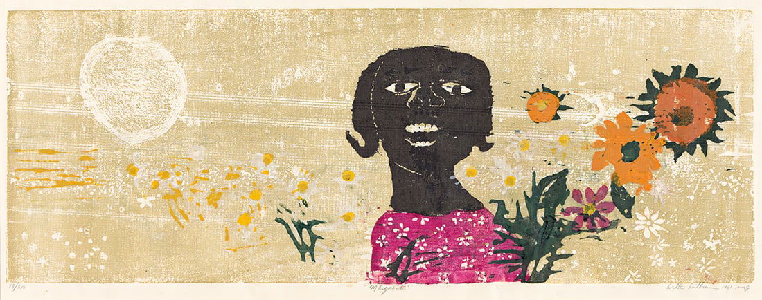 Walter Williams (1920-1998), Marguerite, 1961.: Walter Williams (1920-1998) Marguerite. Color woodcut on thin imitation Japan paper, 1961. Signed, titled, dated, inscribed "imp" and numbered 19/210 in pencil, lower margin. 11 1/4 x 31 1/4 in. (28.6
