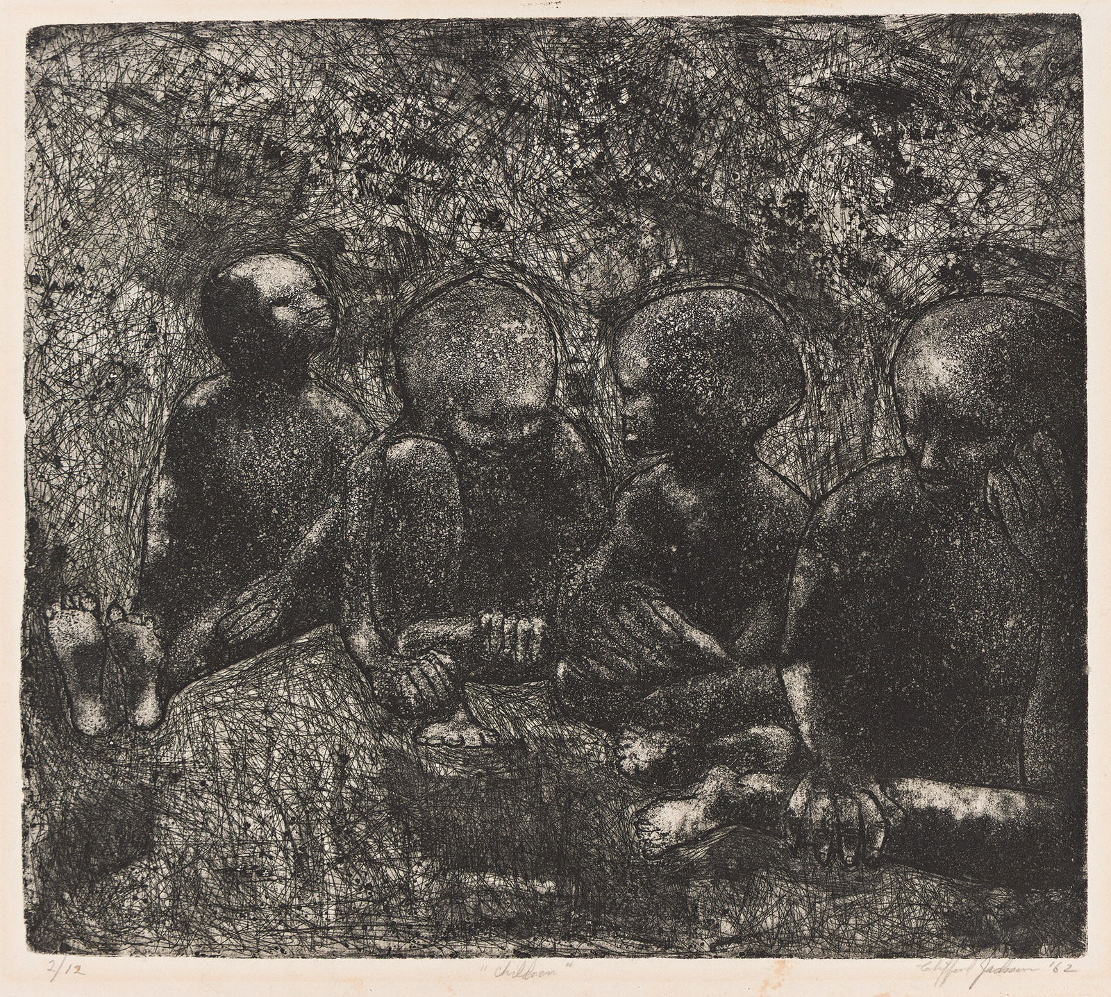 Clifford Jackson (1927-2007), Children, 1962.: Clifford Jackson (1927-2007) Children. Etching on cream wove paper, 1962. Signed, titled, dated and numbered 2/12 in pencil, lower margin. Image: 11 x 12 3/4 in. (27.9 x 32.4 cm.), Frame: 18 x 19 in.