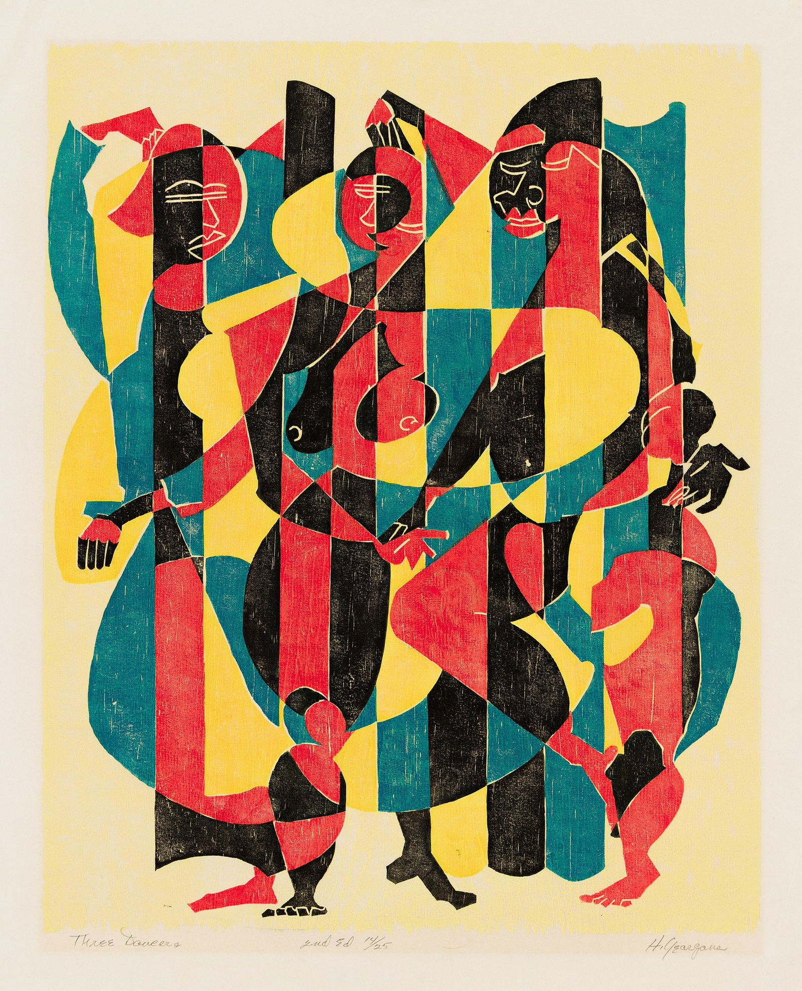 Hartwell Yeargans (1915-2005), Three Dancers, 1966.: Hartwell Yeargans (1915-2005) Three Dancers. Color woodcut on thin Japan paper, 1966. From the second edition, printed after the first edition of 5. Signed, titled, numbered 14/25 and inscribed "2nd