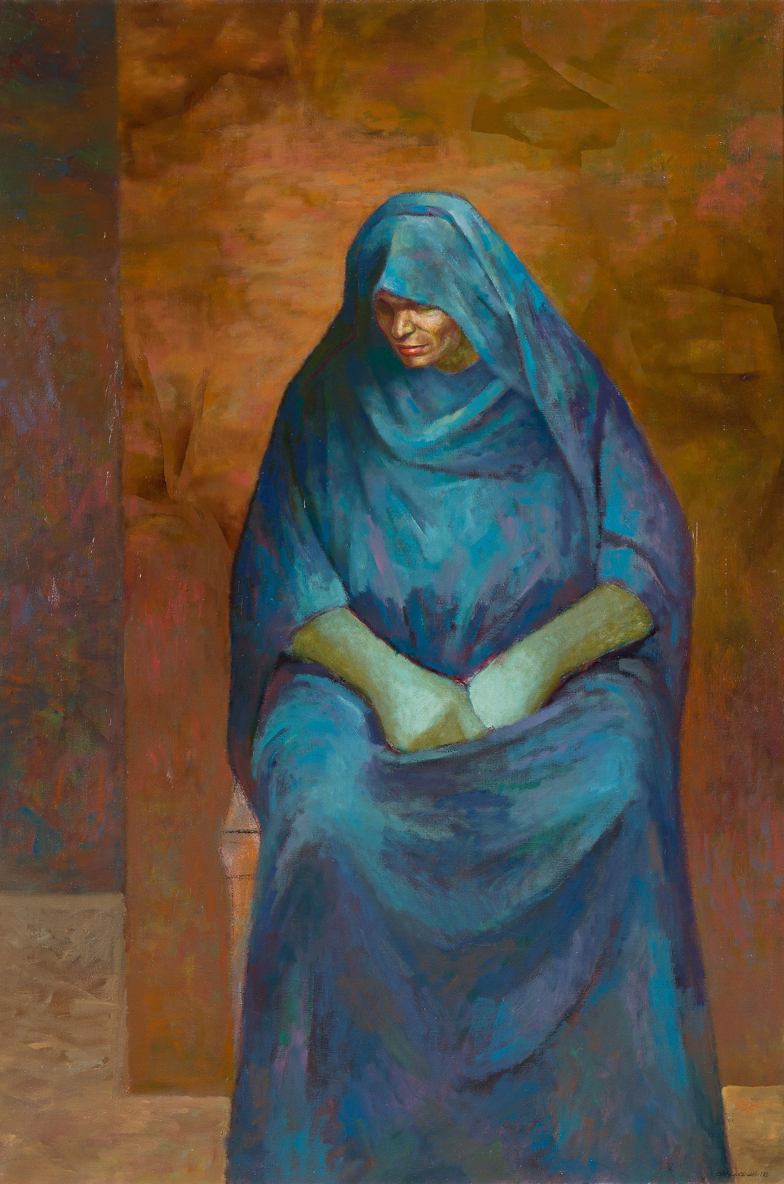 Charles White (1919-1979), Woman in Blue (Woman with Folded Arms), 1965-66.: Charles White (1919-1979) Woman in Blue (Woman with Folded Arms). Oil on canvas, 1965-66. Estate stamp signature, lower right. Gedeon B61. 50 x 34 in. (127 x 86.4 cm.) Provenance: Heritage Gallery,