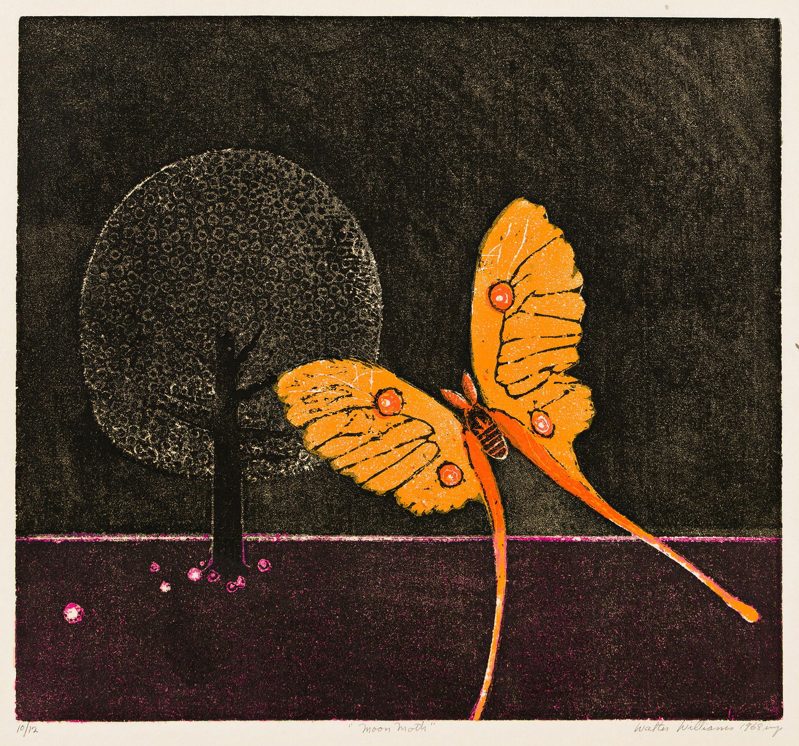 Walter Williams (1920-1998), Moon Moth, 1968.: Walter Williams (1920-1998) Moon Moth. Color woodcut on imitation Japan paper, 1968. Signed, titled, dated, numbered 10/12 and inscribed "imp" in pencil, lower margin. Image: 17 1/4 x 18 3/4 in.