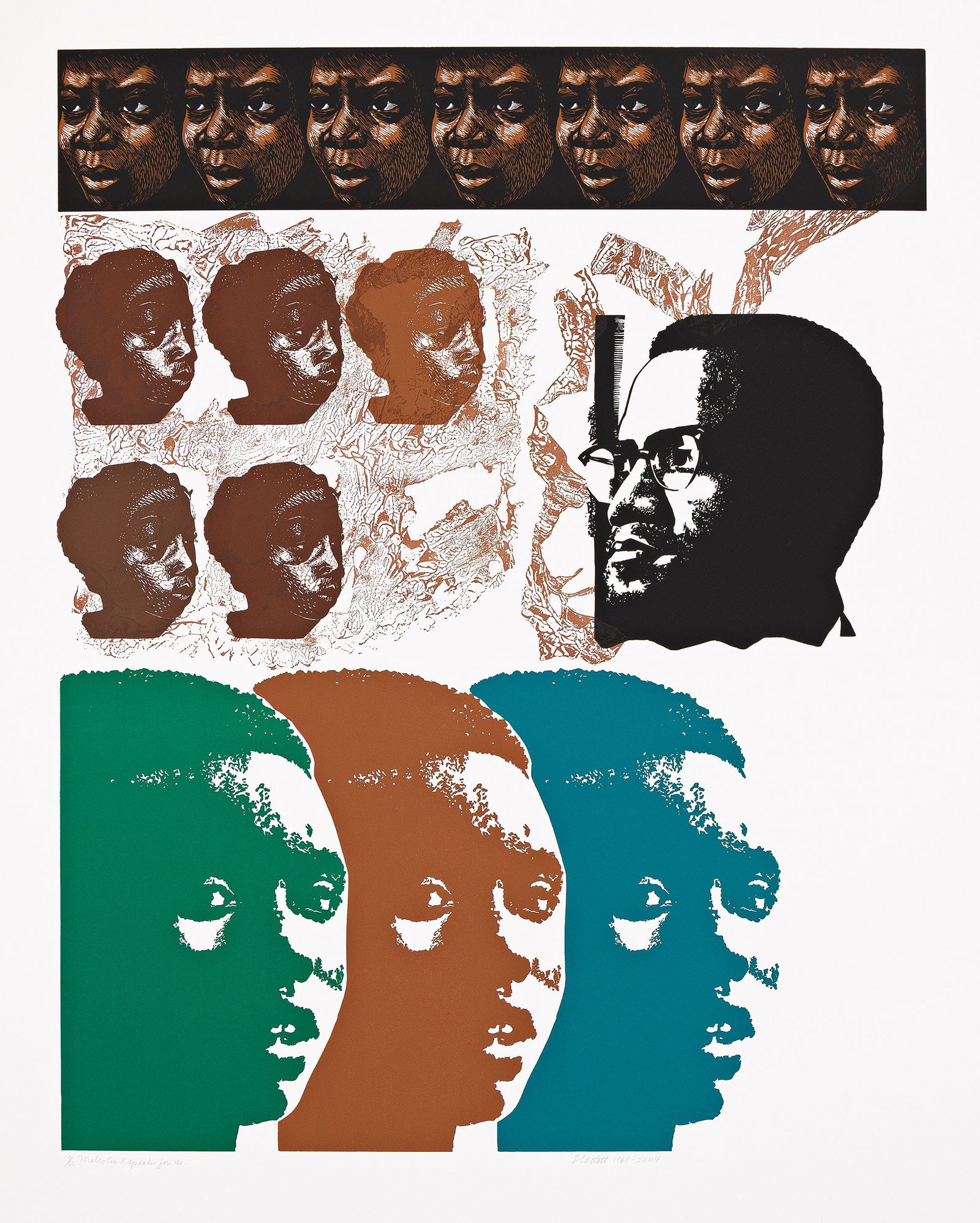 Elizabeth Catlett (1915-2012), Malcolm X Speaks for Us, 1969-2004.: Elizabeth Catlett (1915-2012) Malcolm X Speaks for Us. Color linoleum cut on Somerset wove paper, 1969-2004. The second edition printed in 2004. Signed, titled, dated "1969-2004" and numbered 10/60