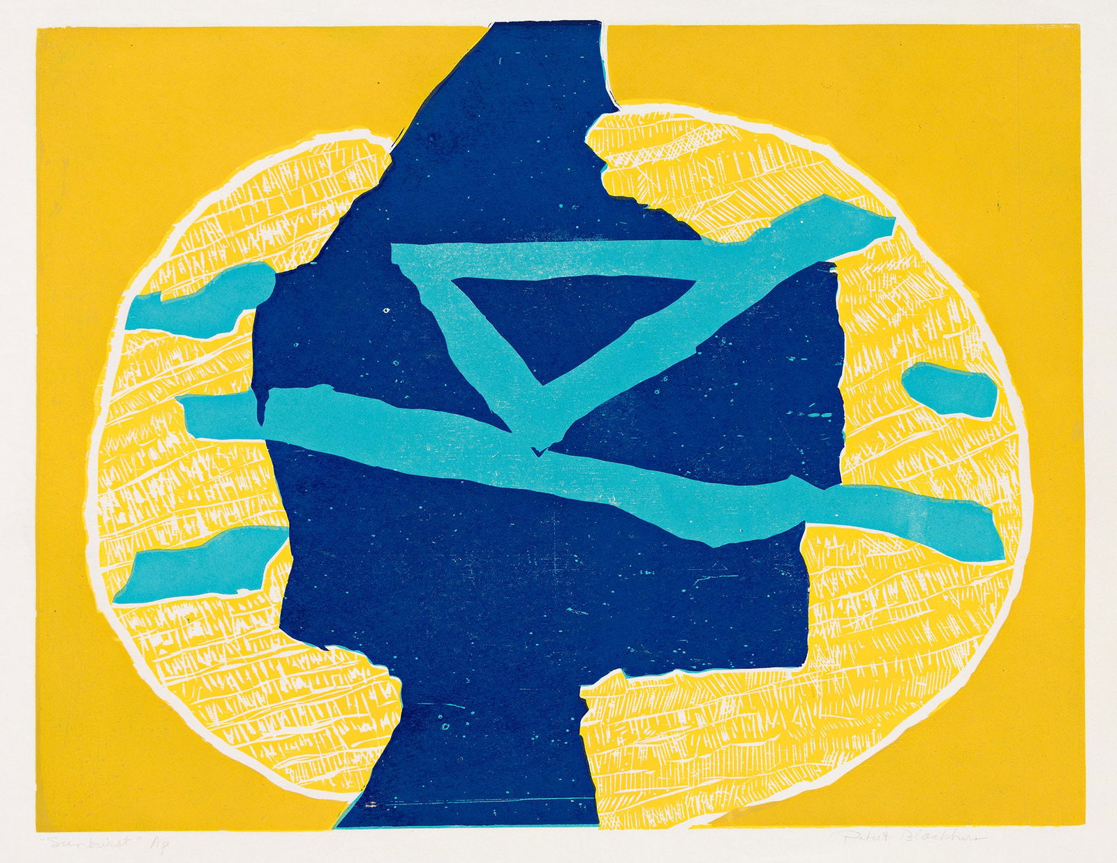 Robert Blackburn (1920-2003), Sunburst, 1967-69.: Robert Blackburn (1920-2003) Sunburst. Color woodcut on Japan paper, 1967-69. Artist proof, aside from an unknown edition. Signed, titled and inscribed "AP" in pencil, lower margin. Image: 20 x 26 in.