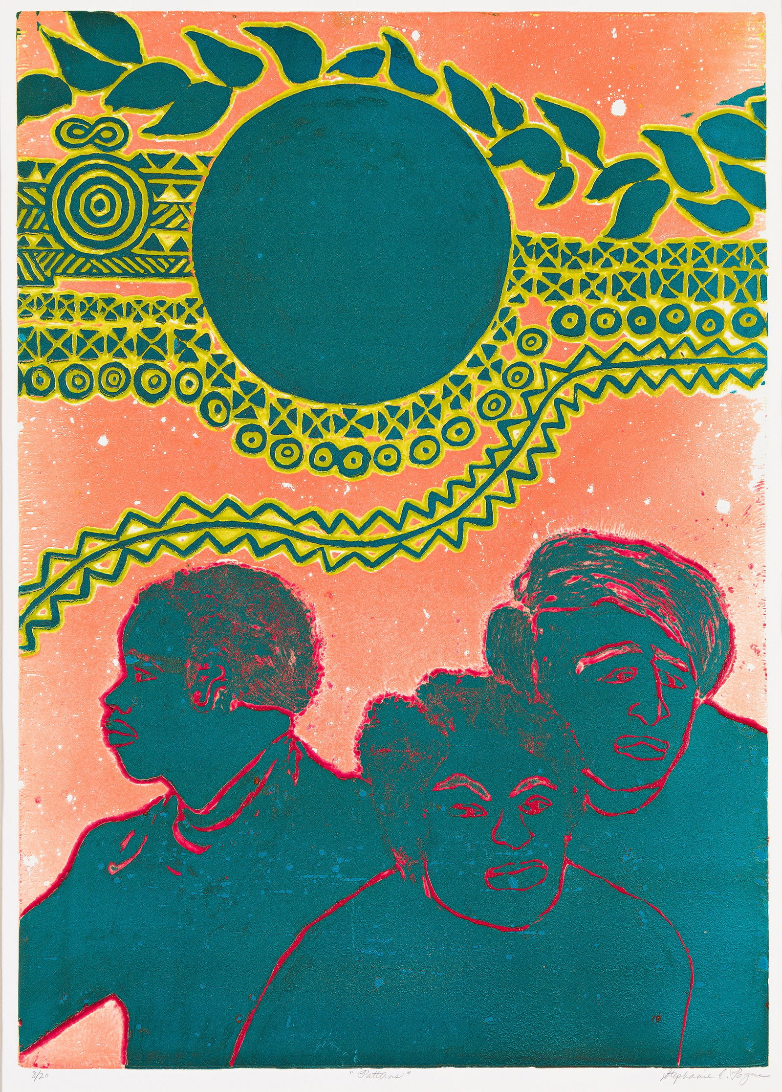 Stephanie E. Pogue (1944-2002), Patterns.: Stephanie E. Pogue (1944-2002) Patterns. Color viscosity etching on Rives BFK, circa 1970s. Signed, titled and numbered 8/20 in pencil, lower margin. Plate: 24 3/4 x 17 1/2 in. (62.9 x 44.5 cm.), full