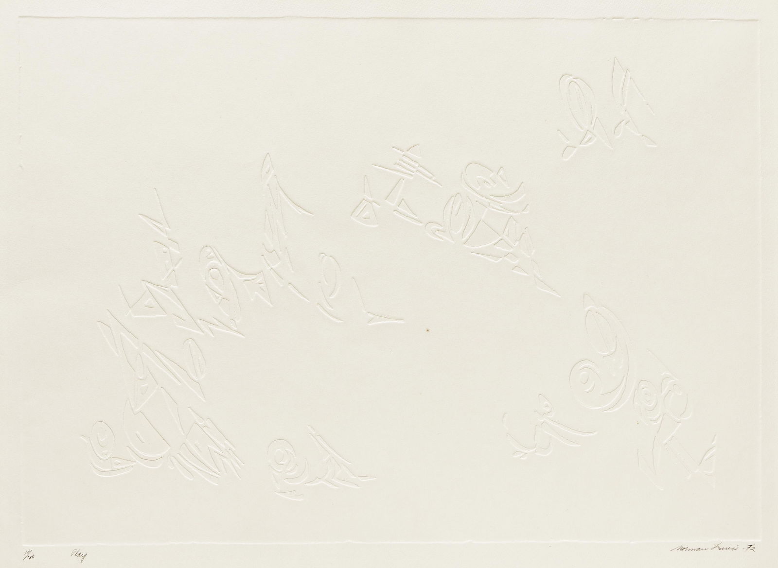 Norman Lewis (1909-1979), Play, 1972.: Norman Lewis (1909-1979) Play. Embossing from open-bite etched plate on wove paper, 1972. Signed, titled, dated and numbered 10/20 in pencil, lower margin. Plate: 16 x 22 3/8 in. (40.6 x 57 cm.),