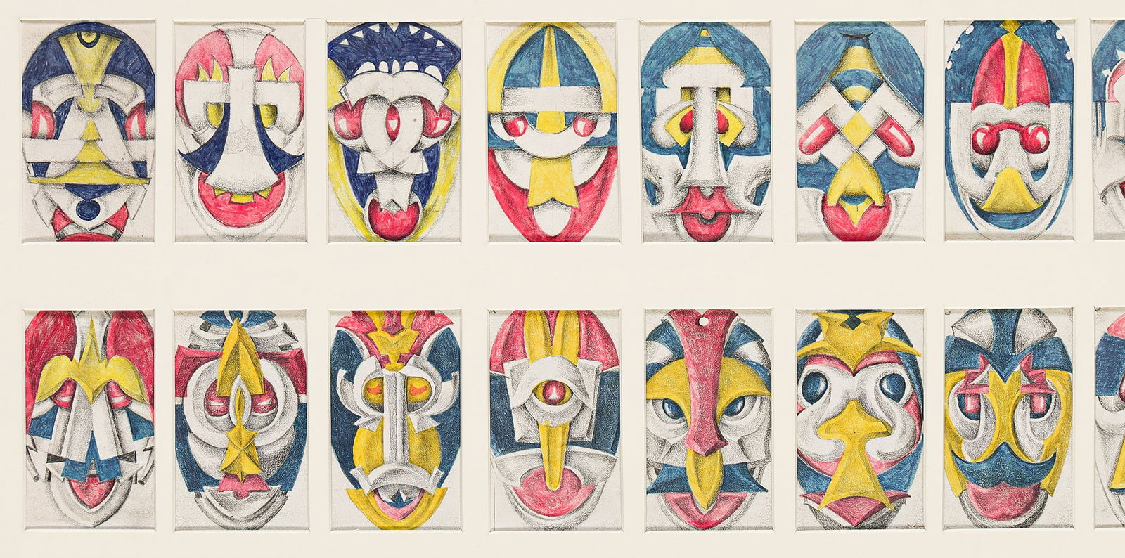 Samuel Joseph Brown (1907-1994), Mask Alphabet, circa 1970.: Samuel Joseph Brown (1907-1994) Mask Alphabet. Set of 26 watercolors on thick cardstock, circa 1970. Each Image: 5 x 3 in. (12.7 x 7.6 cm.), Frame: 16 1/4 x 46 3/4 in. (41.3 x 118.7 cm.) Provenance: P