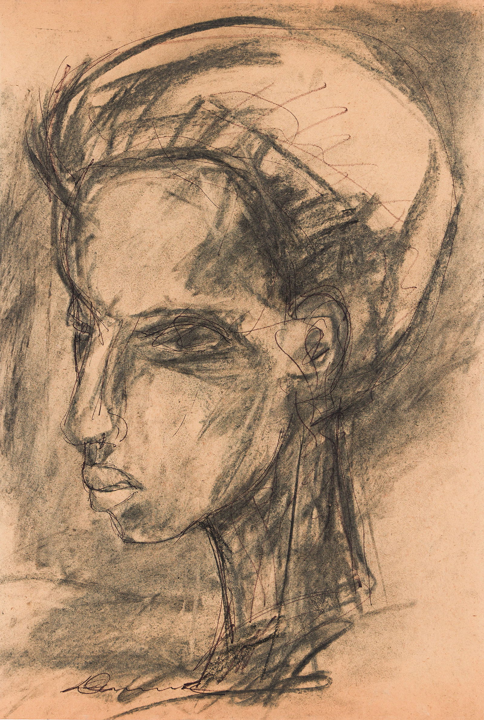 James Denmark (1936-), Untitled (Portrait Study), circa 1970s.: James Denmark (b. 1936) Untitled (Portrait Study). Graphite, charcoal and ink on board, circa 1970s. Signed in ink, lower left. 24 1/2 x 16 1/2 in. (62.2 x 41.9 cm.), Frame: 26 1/2 x 18 1/2 in. (67.3