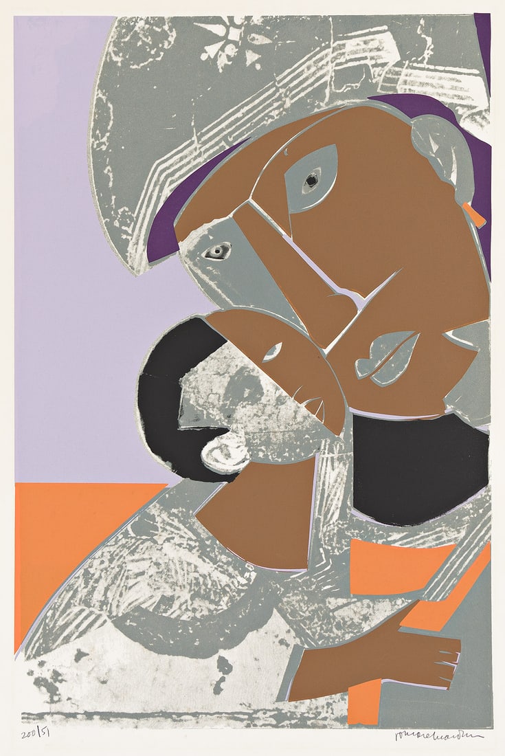 Romare Bearden (1911-1988), Mother and Child, 1972.: Romare Bearden (1911-1988) Mother and Child. Color screenprint, 1972. Signed and numbered 200/51 in pencil, lower margin. Gelburd/Rosenberg GG#59. Plate: 19.375 x 16.375 in. (50 x 41.6 cm). Frame: 32